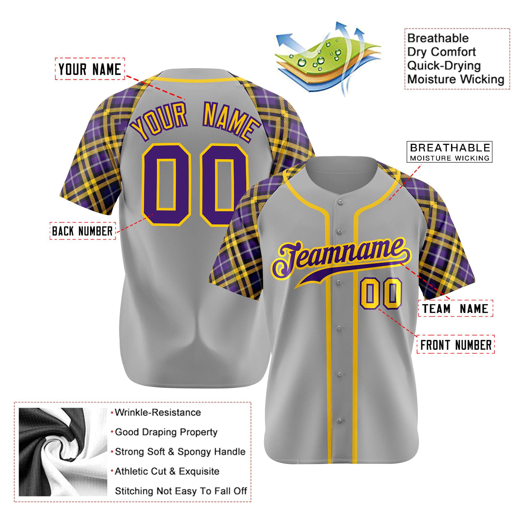 Custom Gray Purple-Yellow Authentic Plaid sleeve Baseball Jersey