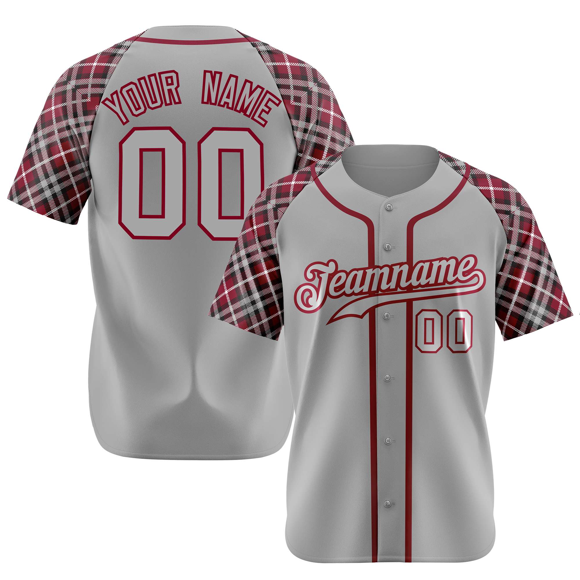 Custom Gray Red-Black Authentic Plaid sleeve Baseball Jersey