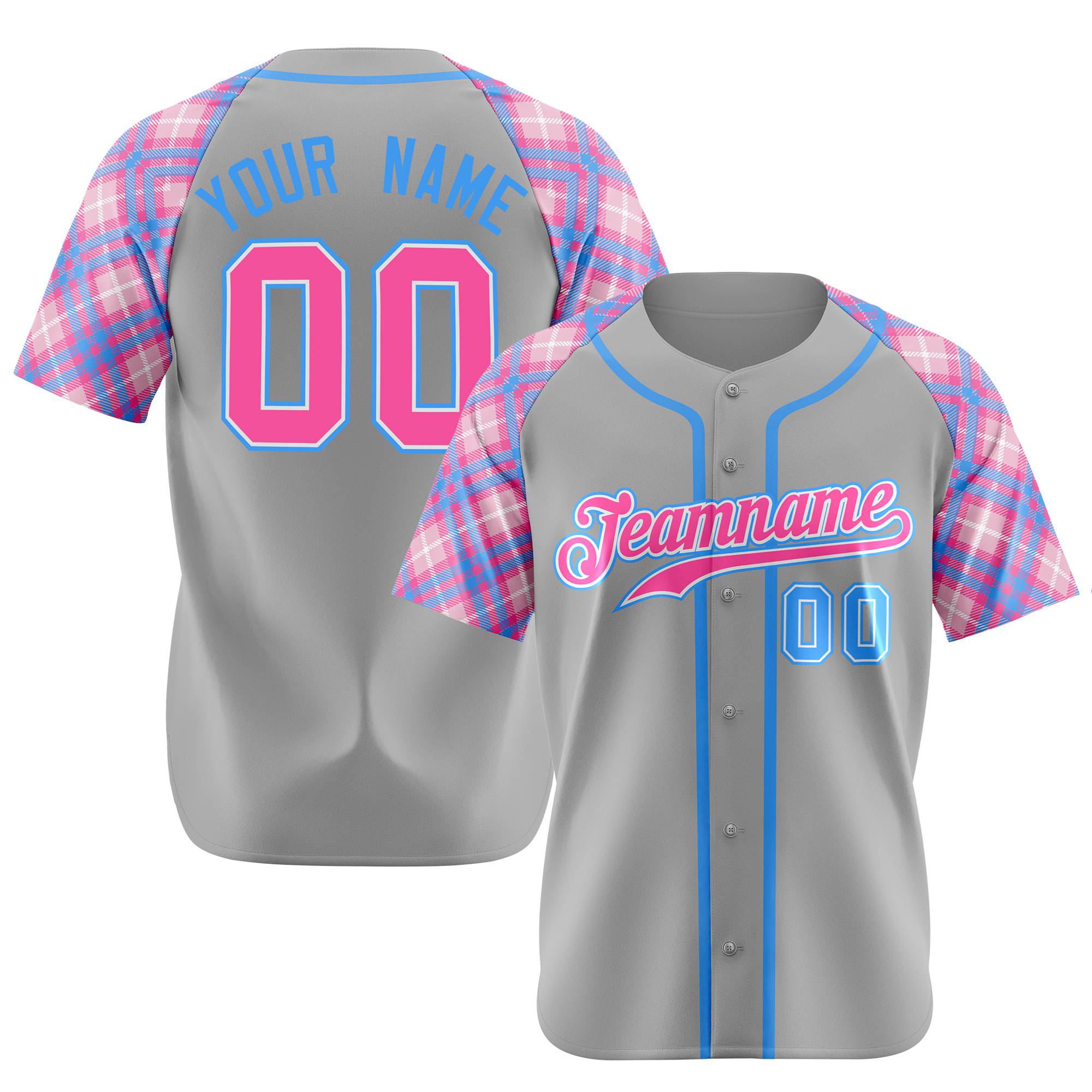 Custom Gray Blue-Pink Authentic Plaid sleeve Baseball Jersey