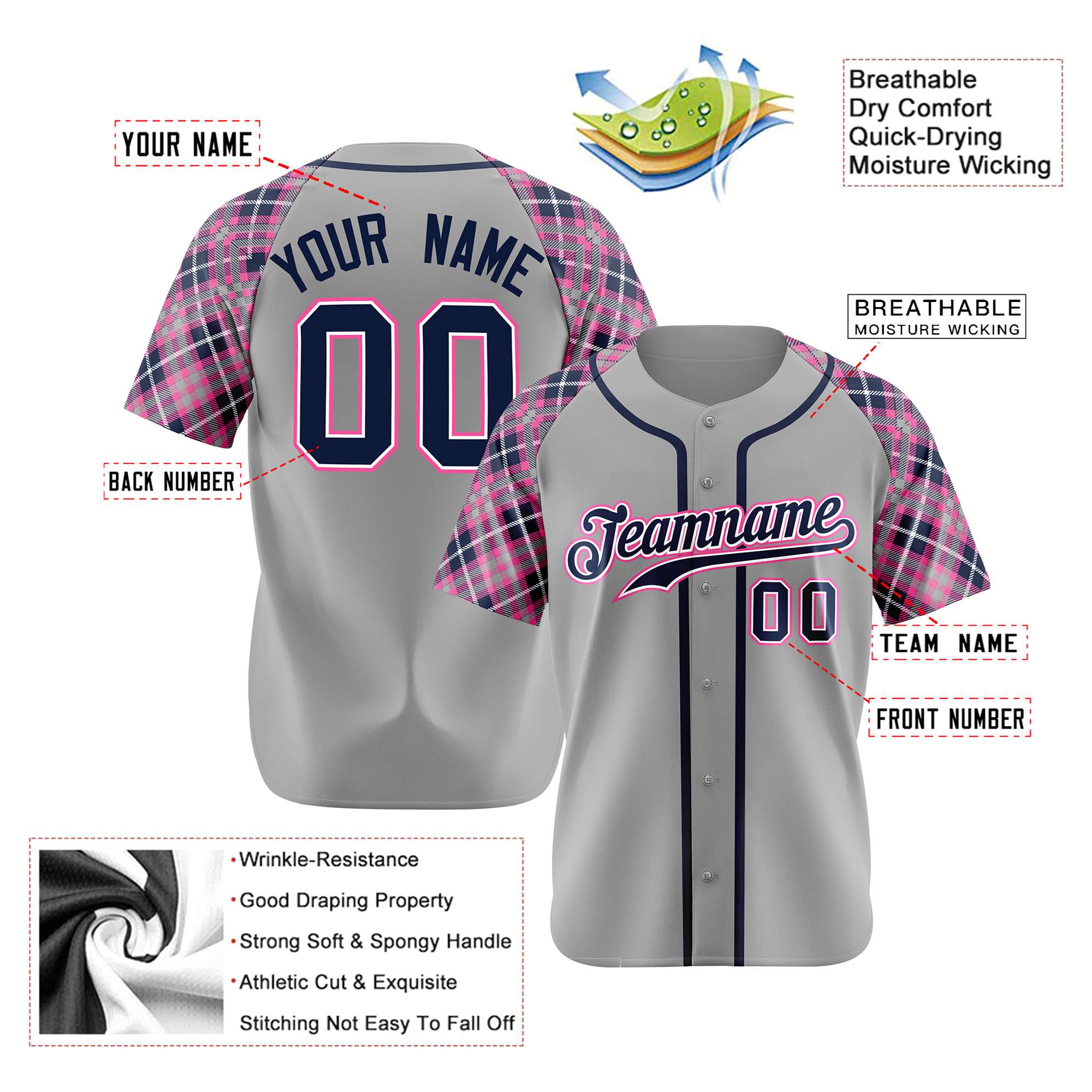 Custom Gray Pink-Navy Authentic Plaid sleeve Baseball Jersey