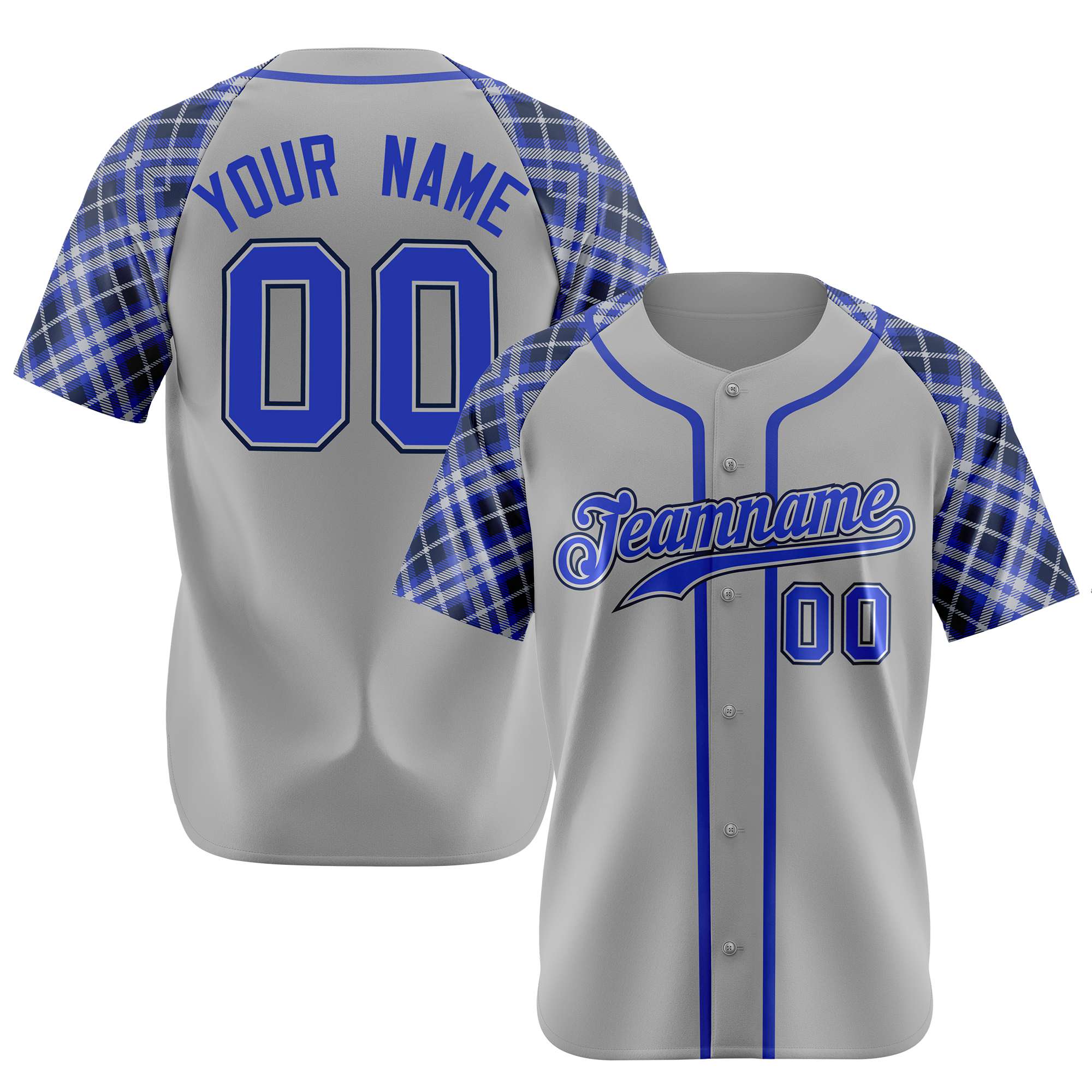 Custom Gray Purple-Navy Authentic Plaid sleeve Baseball Jersey