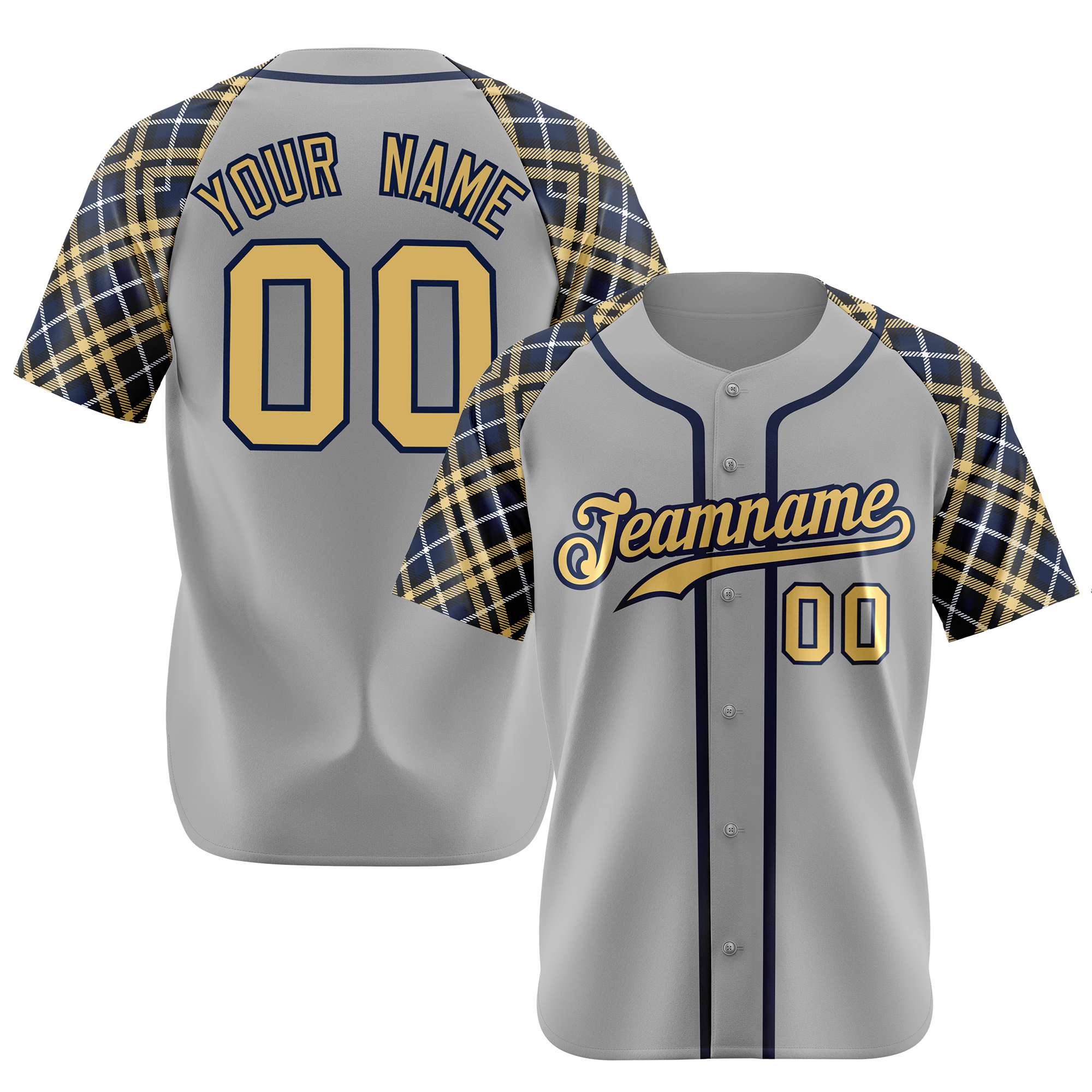 Custom Gray Old-Gold Navy Authentic Plaid sleeve Baseball Jersey