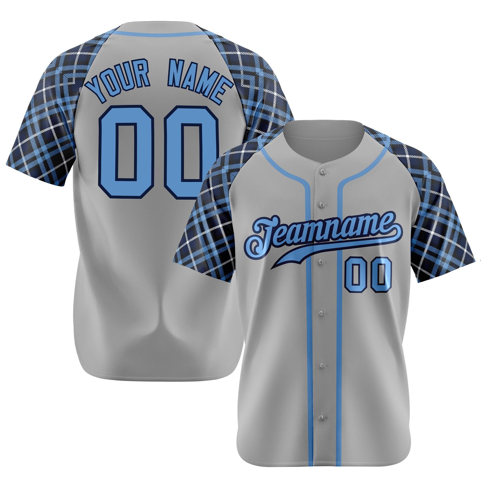 Custom Gray Blue-Navy Authentic Plaid sleeve Baseball Jersey