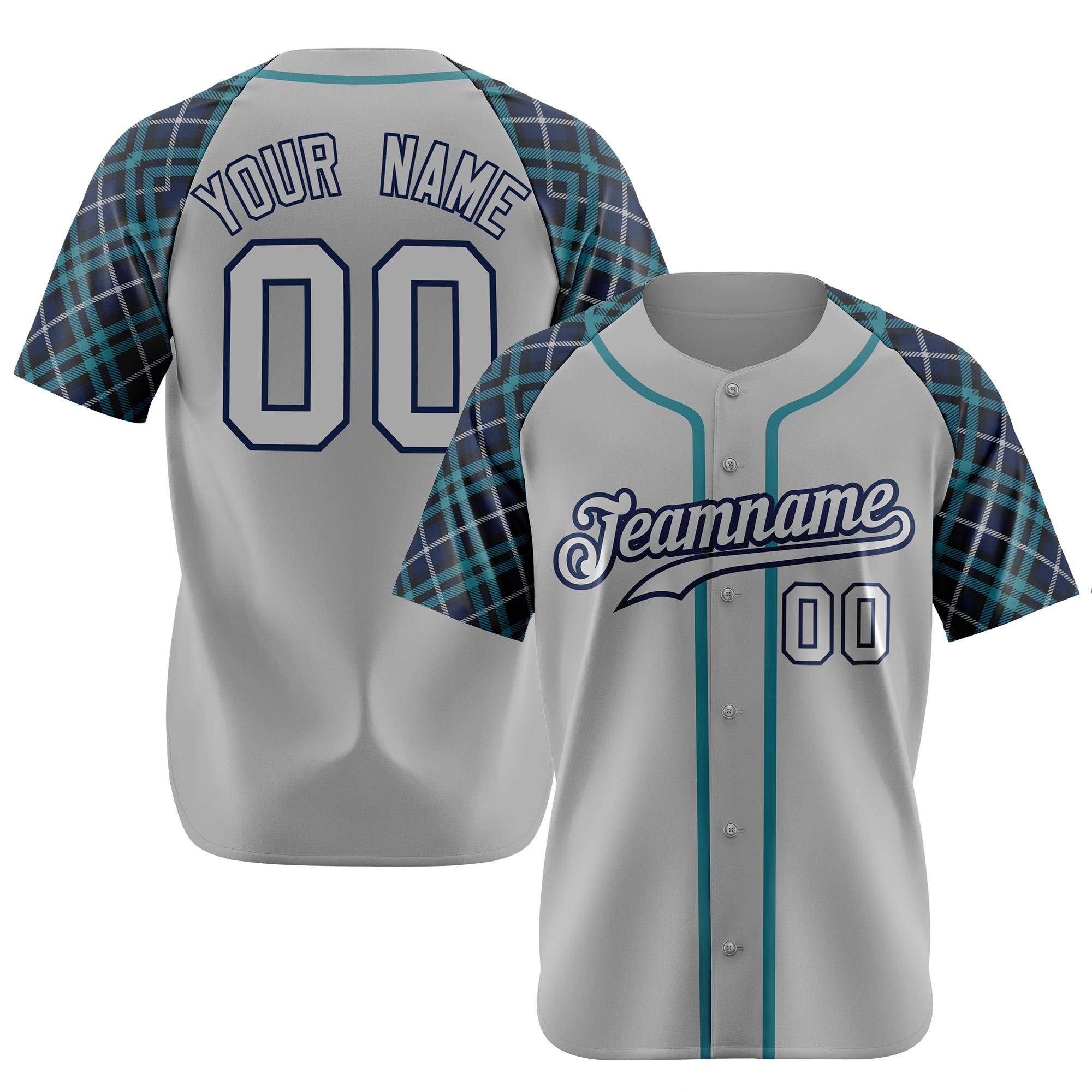 Custom Gray Green-Navy Authentic Plaid sleeve Baseball Jersey