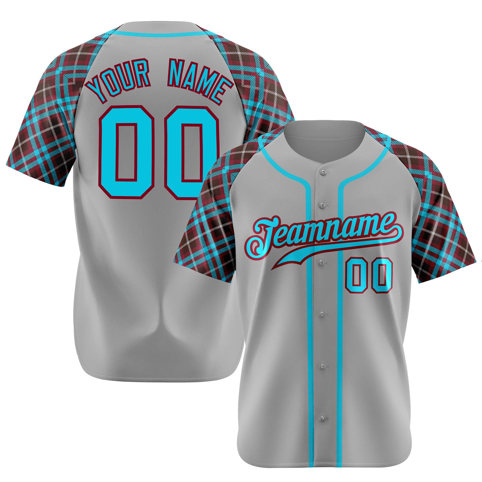 Custom Gray Blue-Brown Authentic Plaid sleeve Baseball Jersey