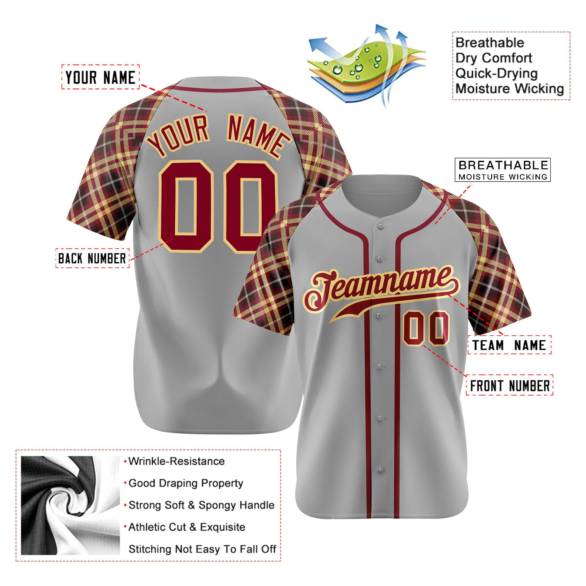 Custom Gray Crimson-Yellow Authentic Plaid sleeve Baseball Jersey