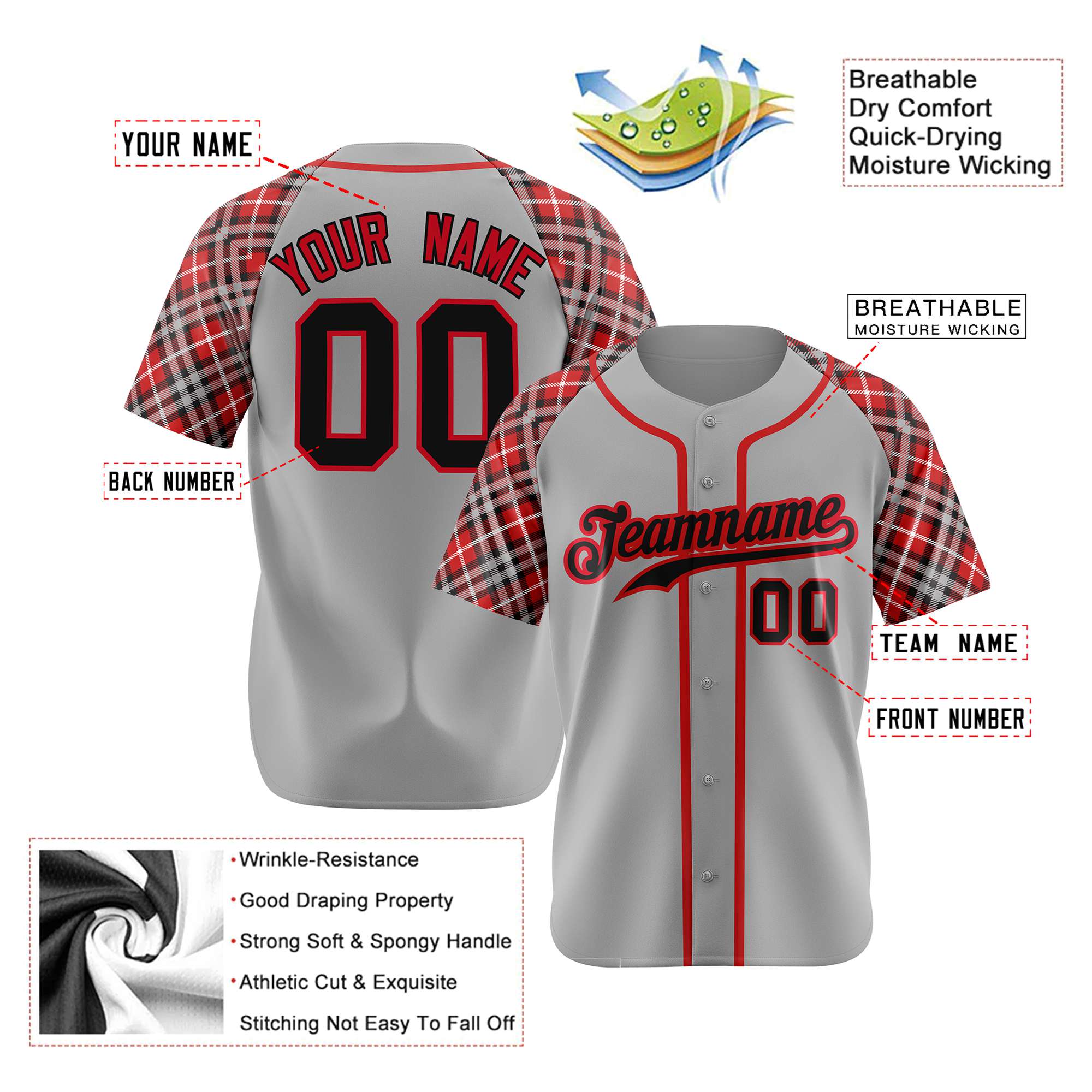 Custom Gray Fire Red Black Authentic Plaid sleeve Baseball Jersey