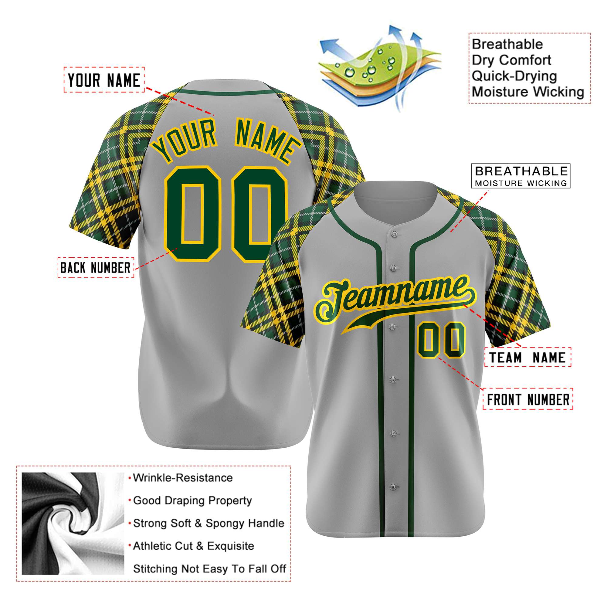 Custom Gray Green-Gold Authentic Plaid sleeve Baseball Jersey