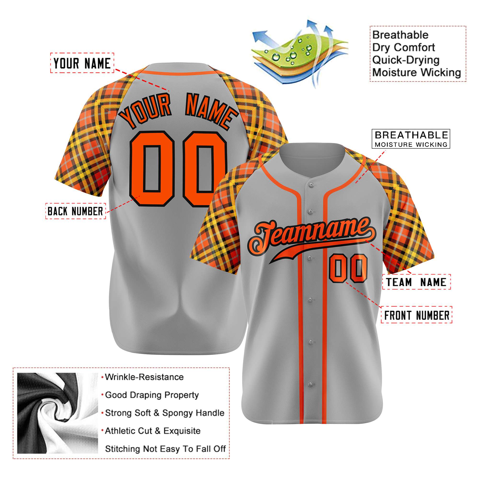 Custom Gray Orange-Yellow Authentic Plaid sleeve Baseball Jersey