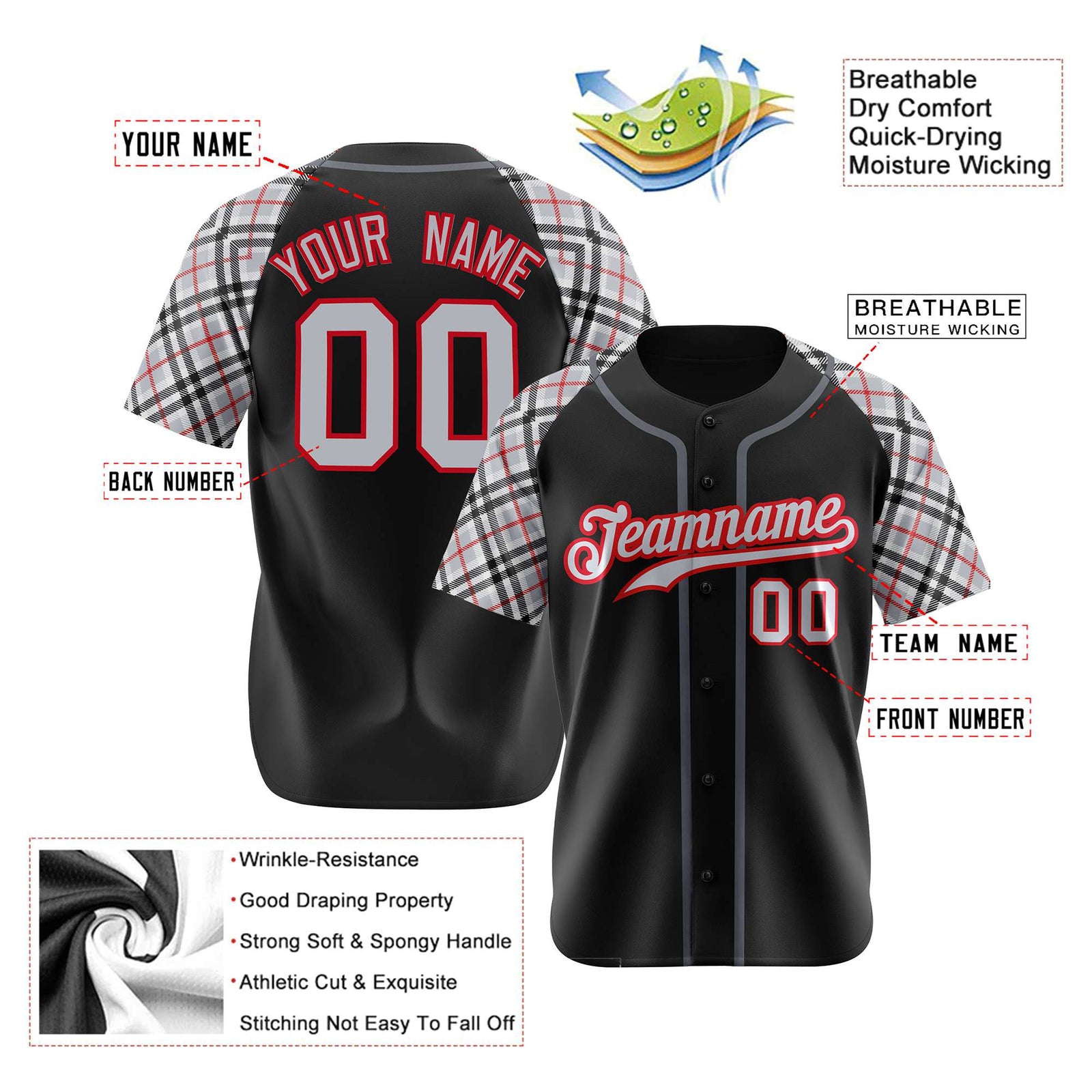 Custom Black Gray-Red Authentic Plaid sleeve Baseball Jersey
