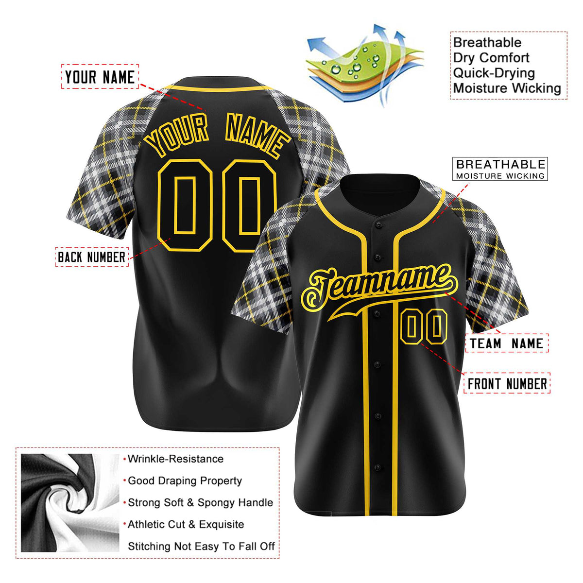 Custom Black Yellow-White Authentic Plaid sleeve Baseball Jersey