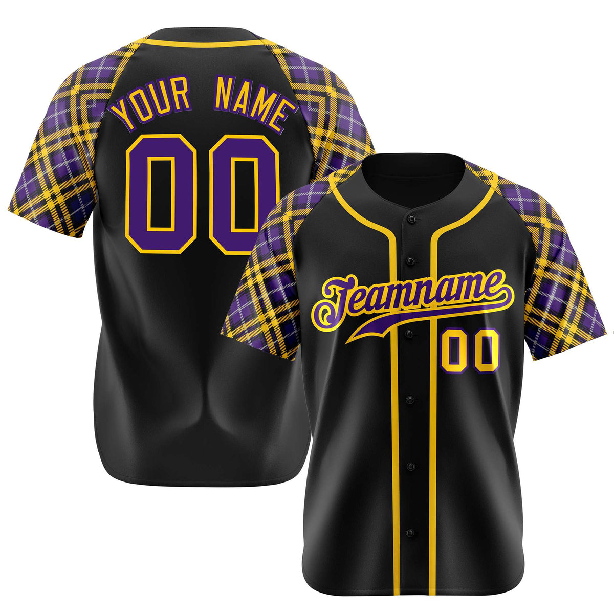 Custom Black Purple-Yellow Authentic Plaid sleeve Baseball Jersey
