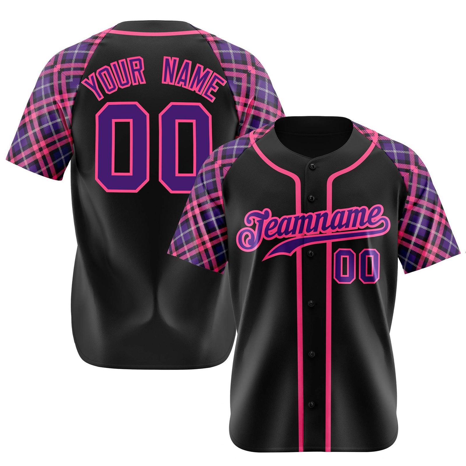 Custom Black Purple-Pink Authentic Plaid sleeve Baseball Jersey