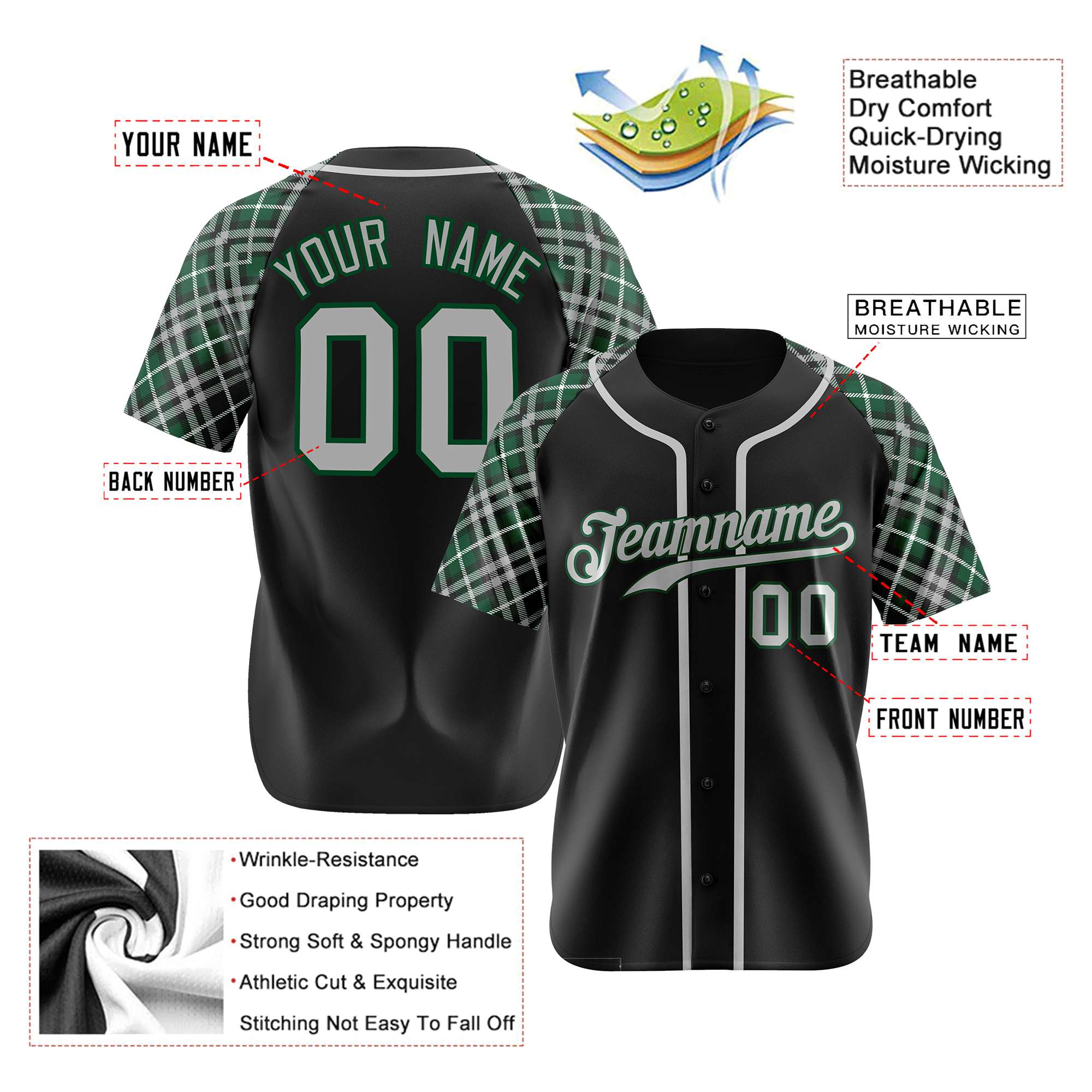 Custom Black Gray-Green Authentic Plaid sleeve Baseball Jersey