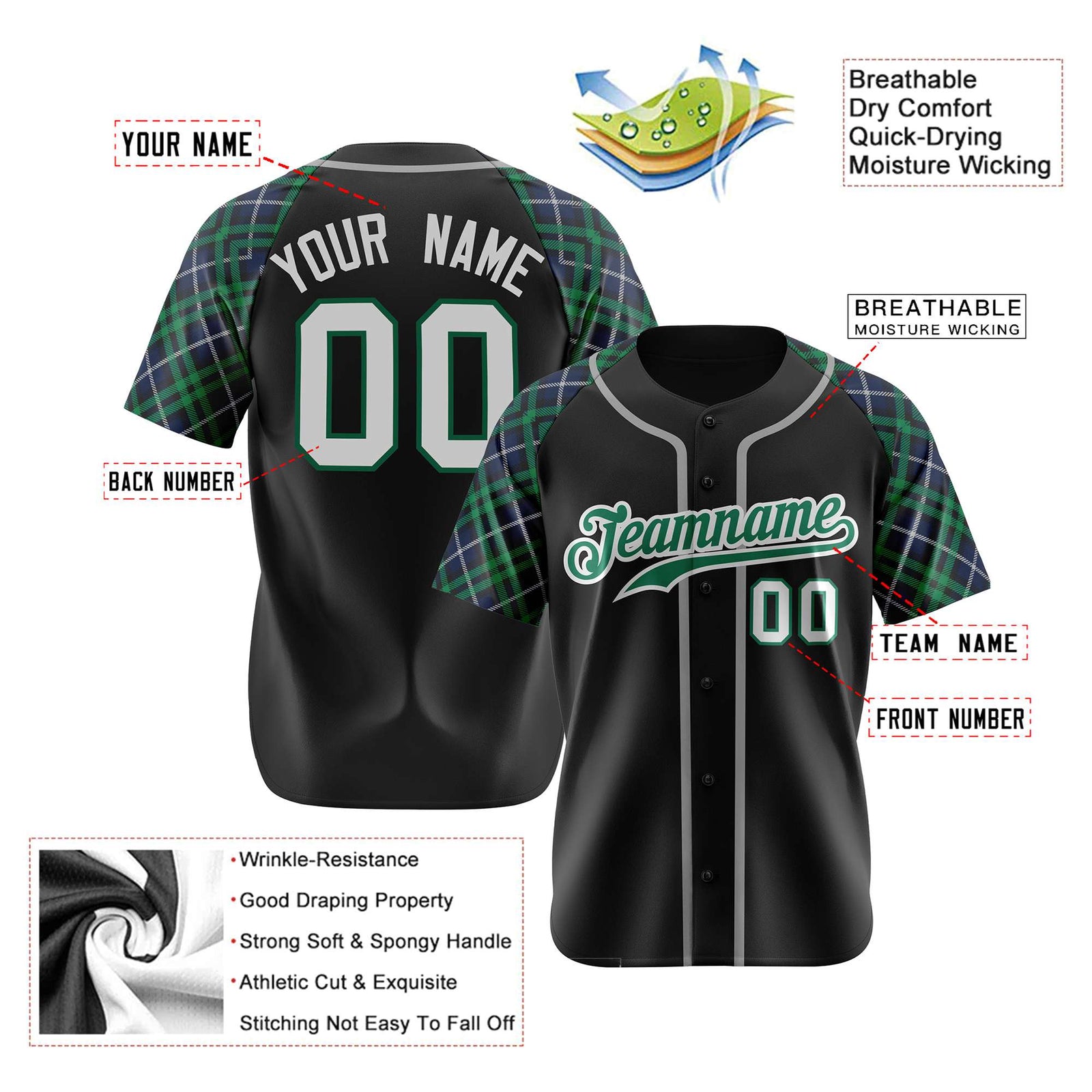 Custom Black Green-Gray Navy Authentic Plaid sleeve Baseball Jersey