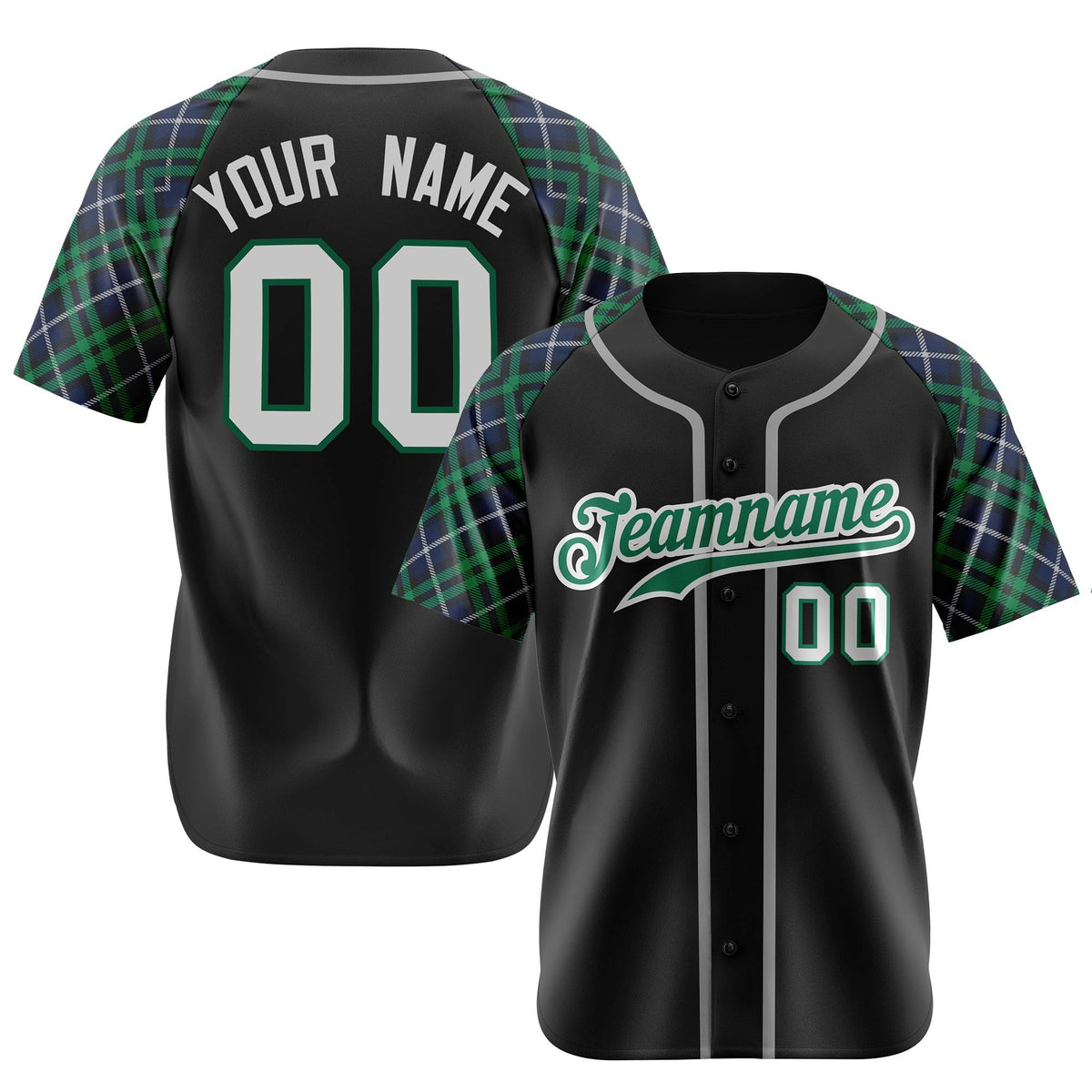 Custom Black Green-Gray Navy Authentic Plaid sleeve Baseball Jersey