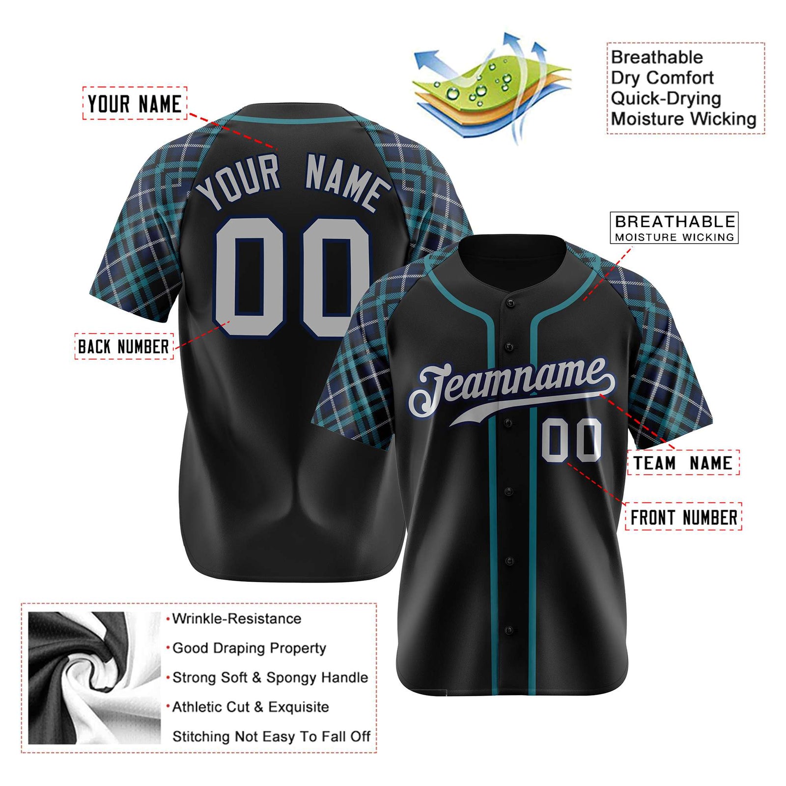 Custom Black Midnight-Green Gray Authentic Plaid sleeve Baseball Jersey