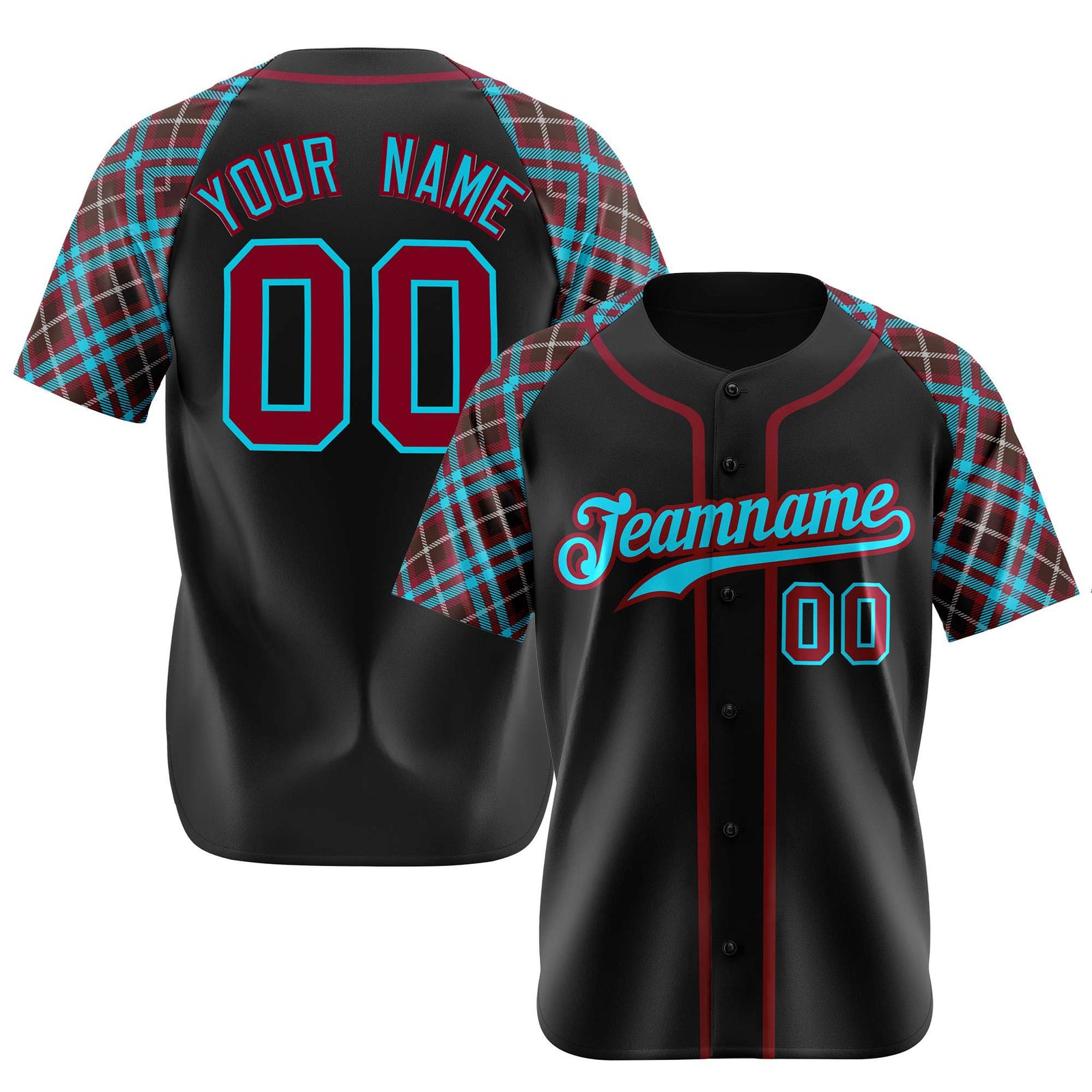 Custom Black Burgundy Light-Blue Authentic Plaid sleeve Baseball Jersey