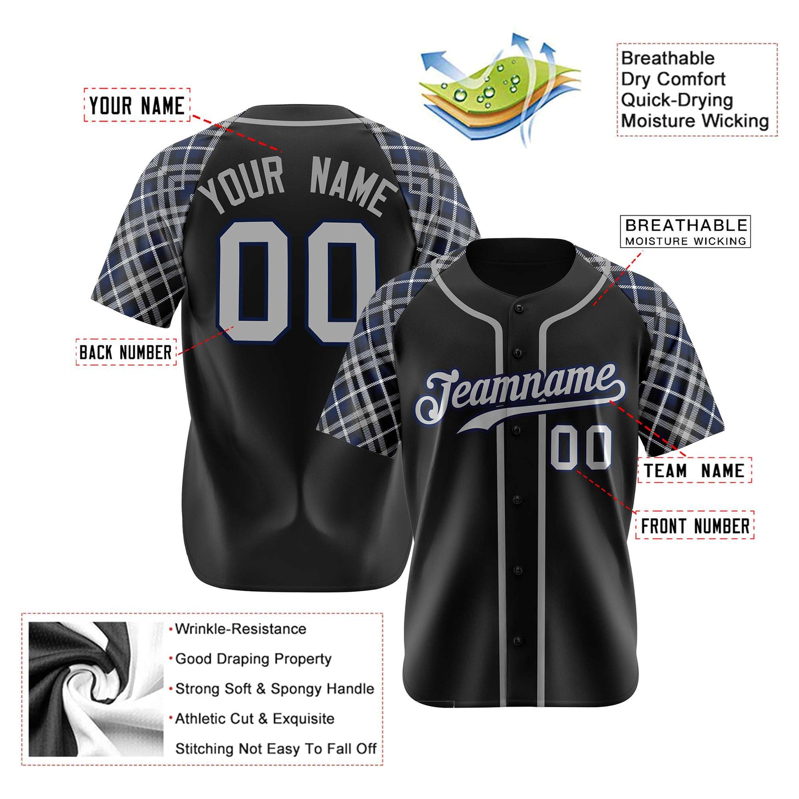 Custom Black Gray-Navy Authentic Plaid sleeve Baseball Jersey