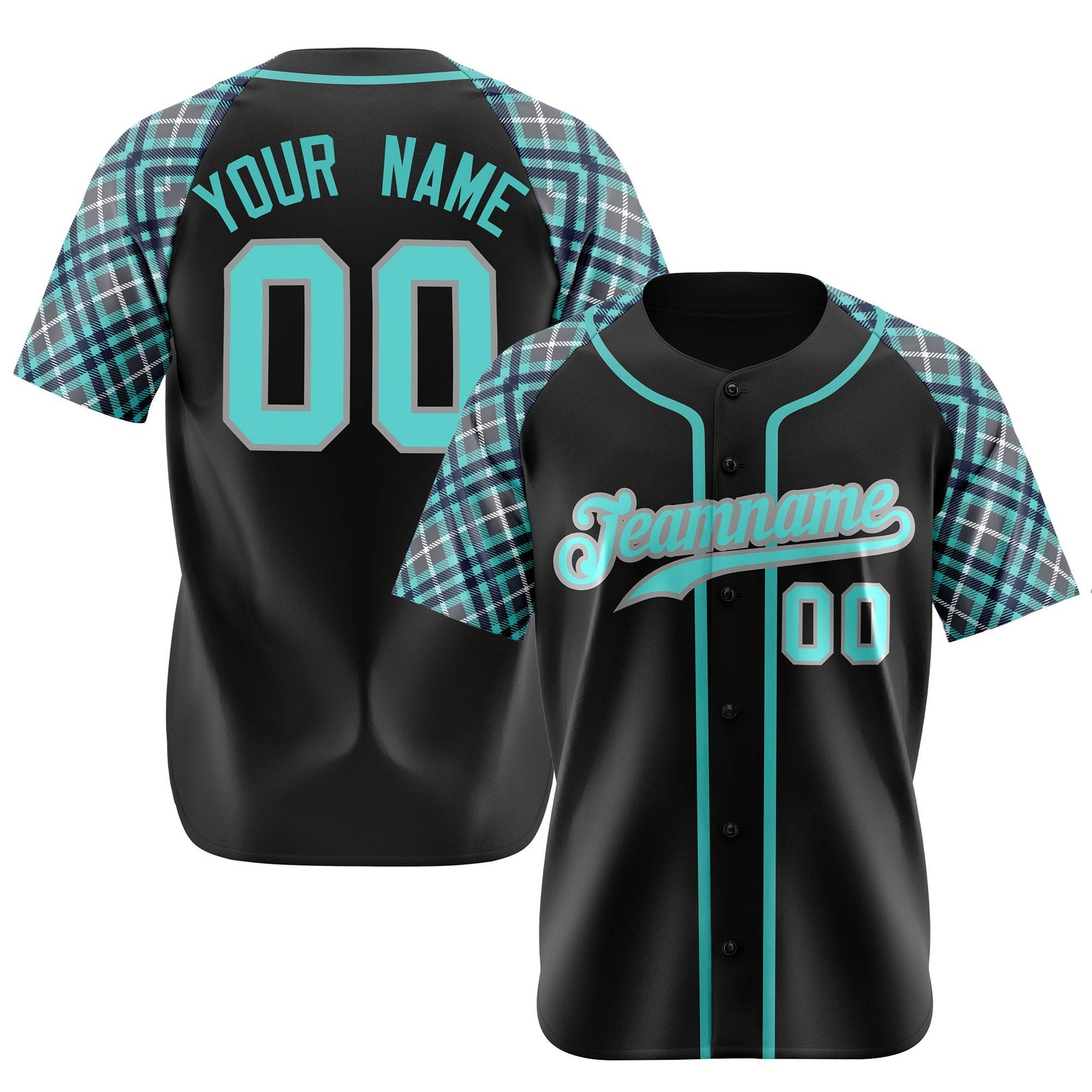Custom Black Light-Bule Navy Authentic Plaid sleeve Baseball Jersey