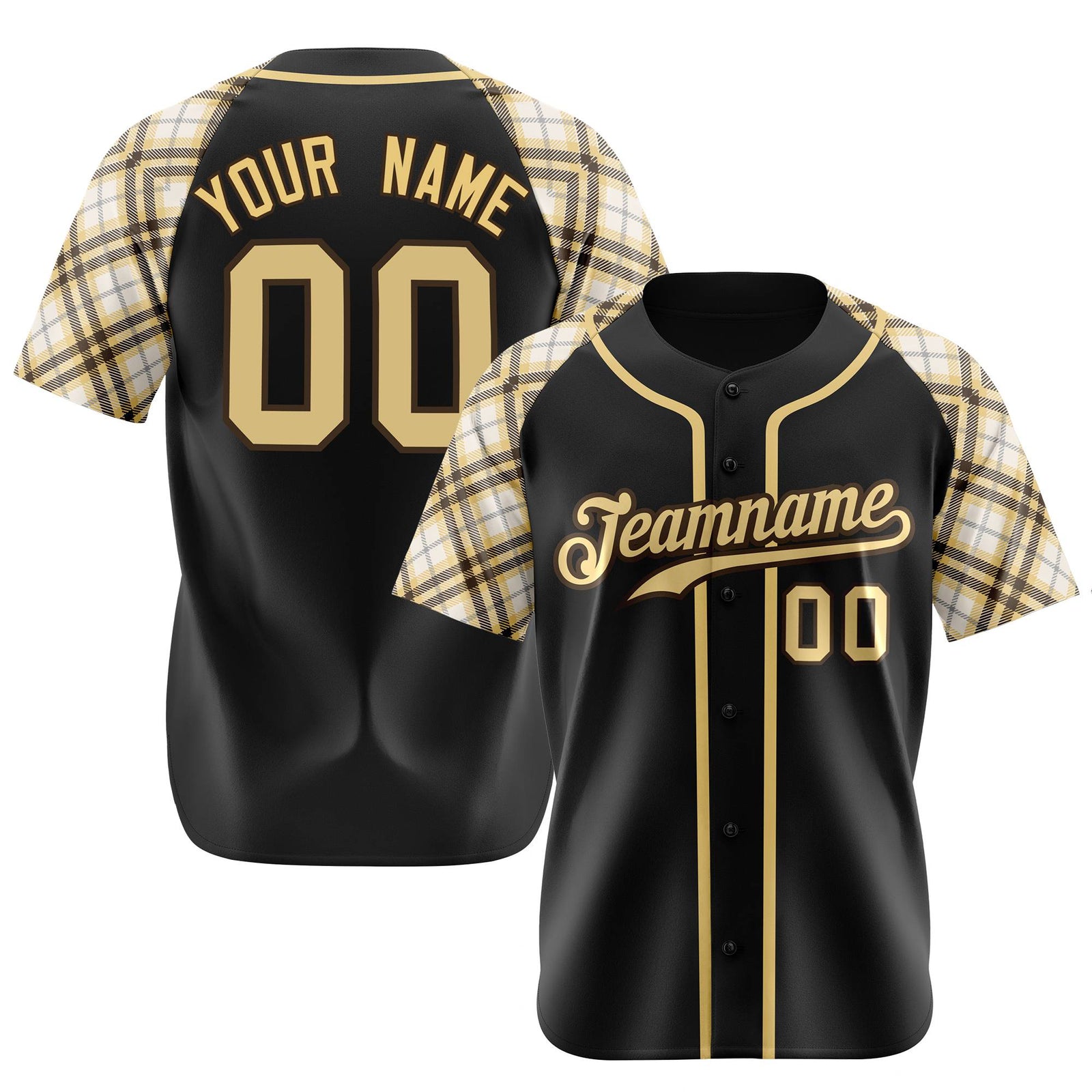 Custom Black Old-Gold White Authentic Plaid sleeve Baseball Jersey