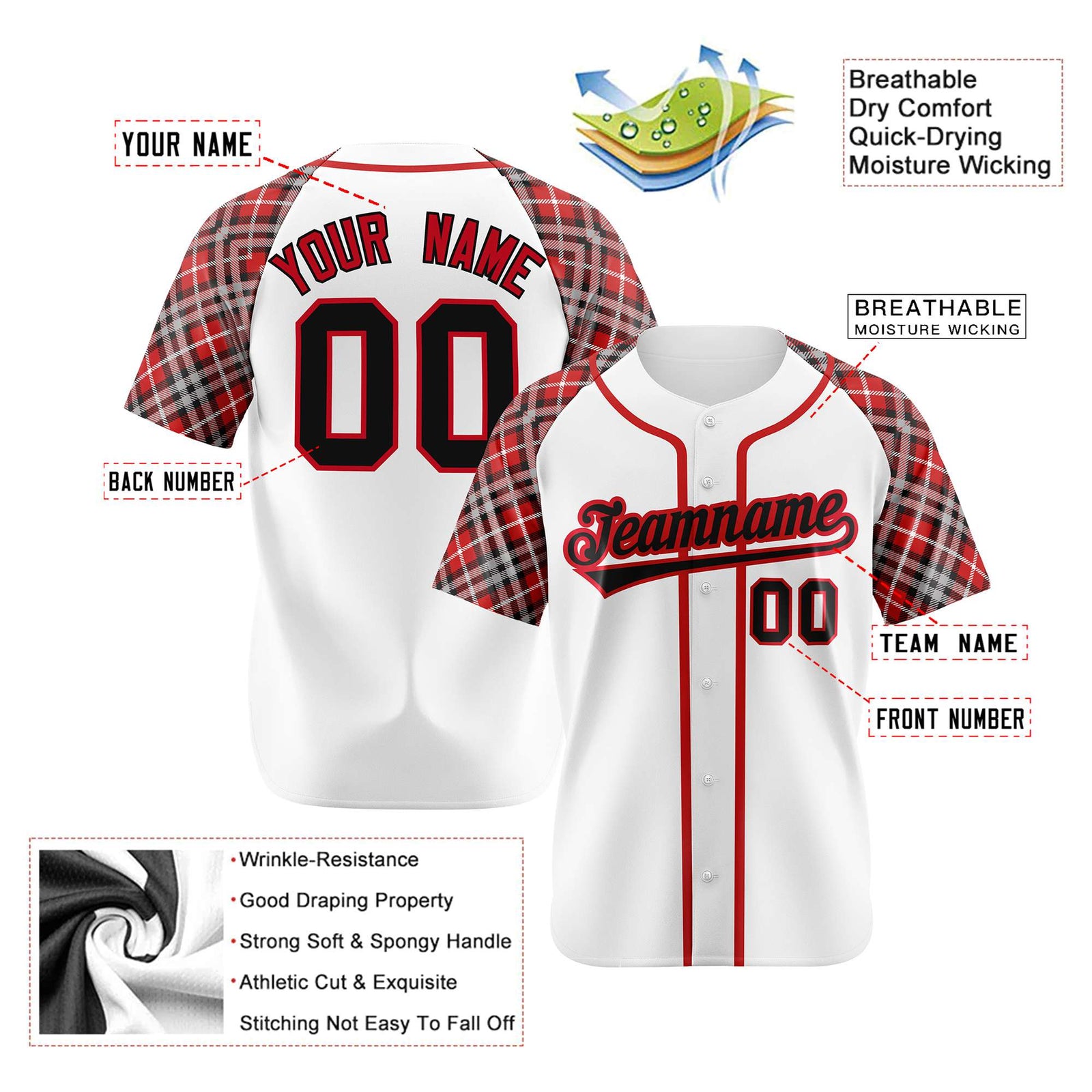 Custom White Crimson-Black Authentic Plaid sleeve Baseball Jersey