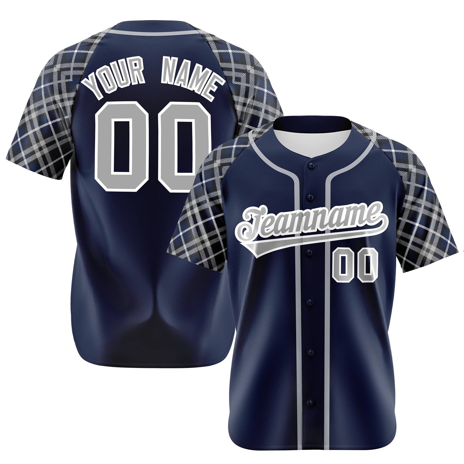 Custom Navy Gray-White Authentic Plaid sleeve Baseball Jersey