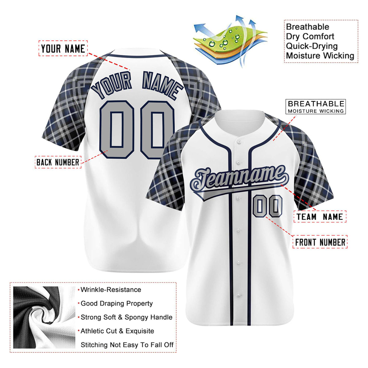 Custom White Gray-Navy Authentic Plaid sleeve Baseball Jersey