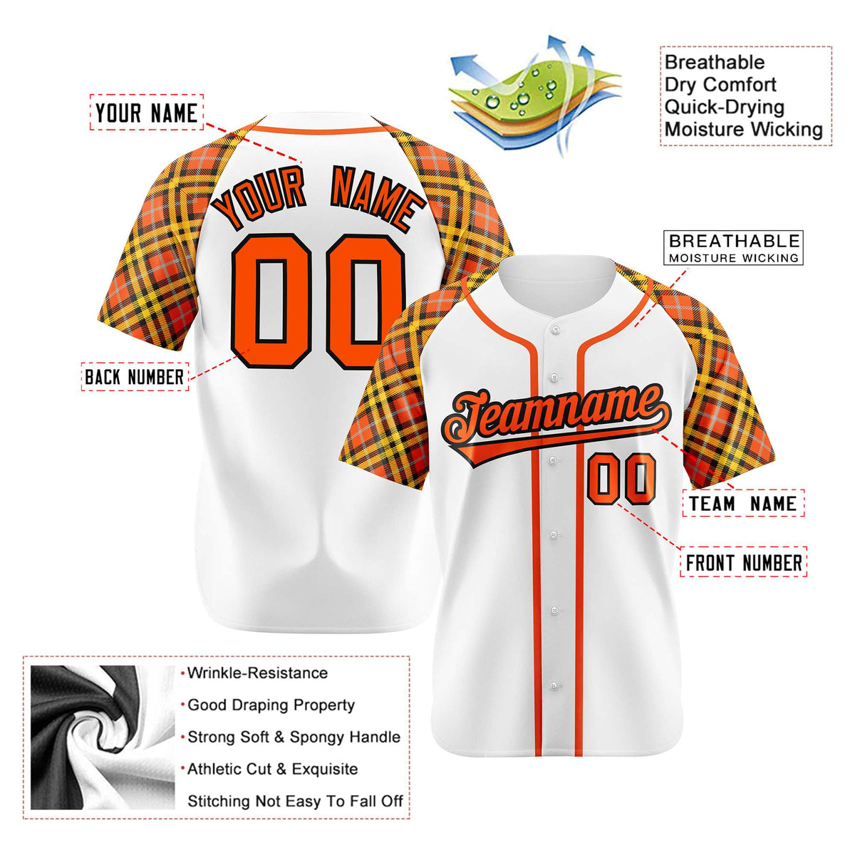 Custom White Orange-Yellow Authentic Plaid sleeve Baseball Jersey
