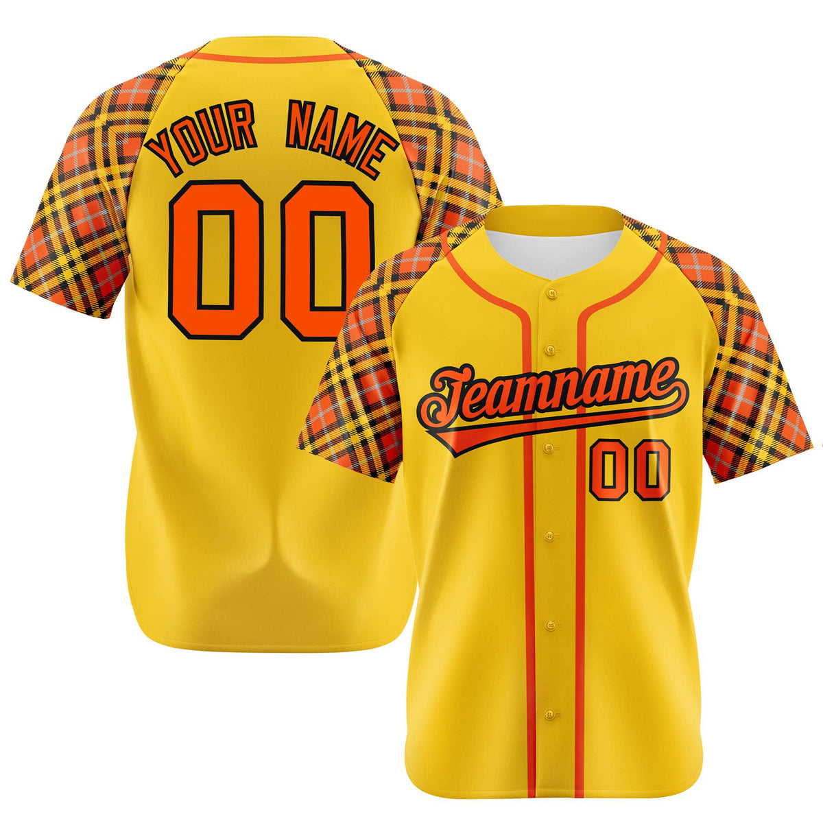Custom Yellow Orange-Black Authentic Plaid sleeve Baseball Jersey