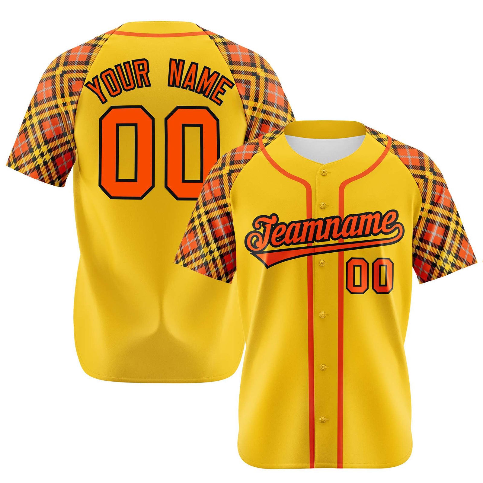 Custom Yellow Orange-Black Authentic Plaid sleeve Baseball Jersey