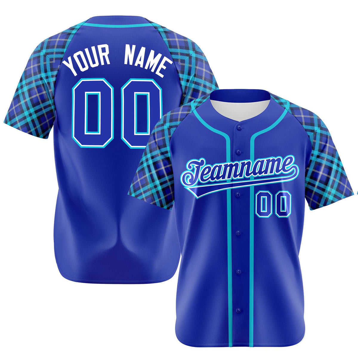 Custom Electric Blue Light Blue White Authentic Plaid sleeve Baseball Jersey
