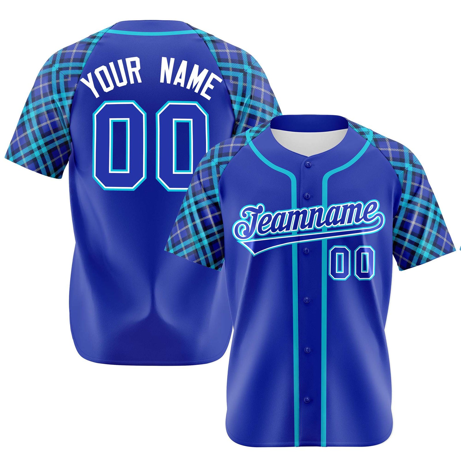 Custom Electric Blue Light Blue White Authentic Plaid sleeve Baseball Jersey