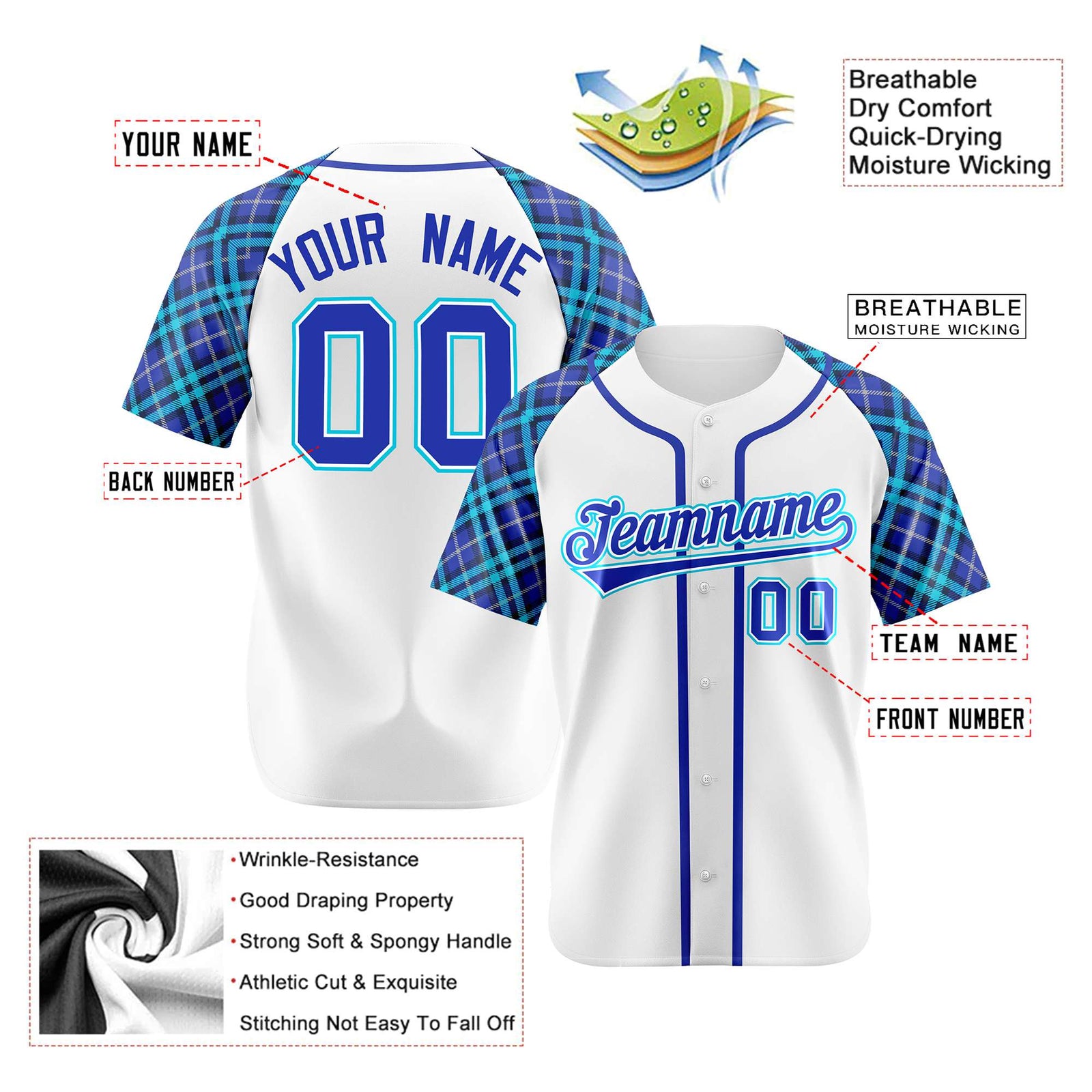 Custom White Purple Light Bule Authentic Plaid sleeve Baseball Jersey