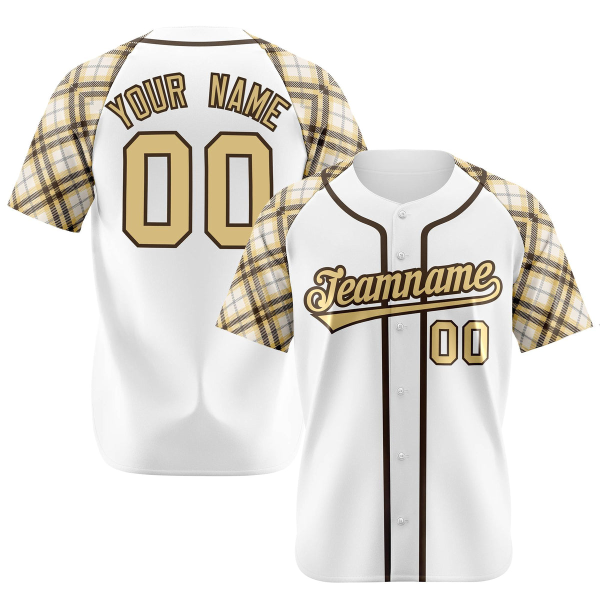Custom White Old-Gold Black Authentic Plaid sleeve Baseball Jersey
