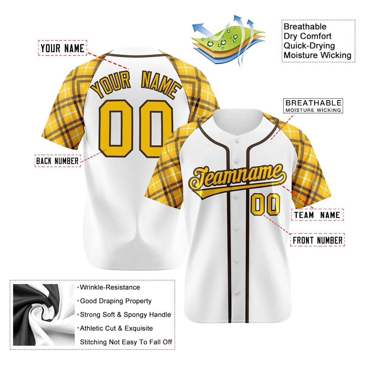 Custom White Yellow-Black Authentic Plaid sleeve Baseball Jersey