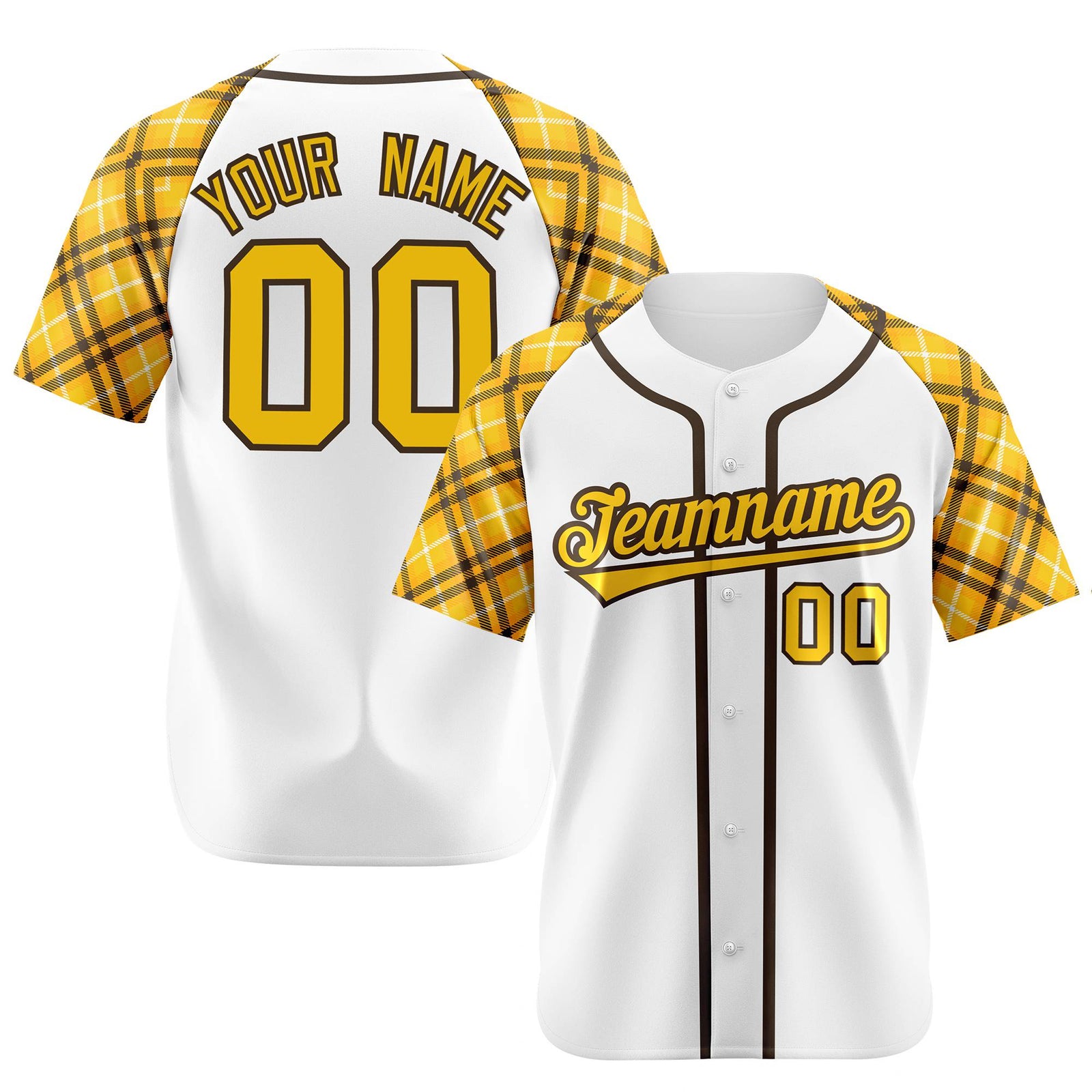 Custom White Yellow-Black Authentic Plaid sleeve Baseball Jersey