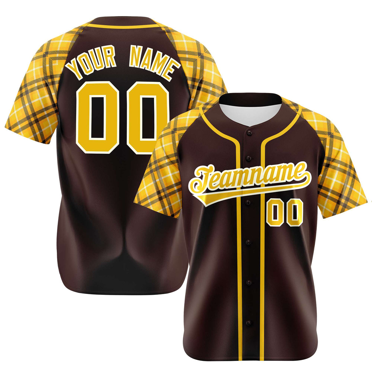 Custom Brown Yellow-White Authentic Plaid sleeve Baseball Jersey