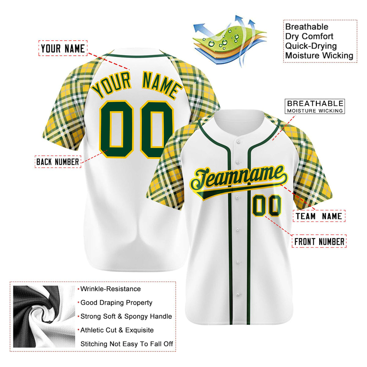 Custom White Yellow-Green Authentic Plaid sleeve Baseball Jersey