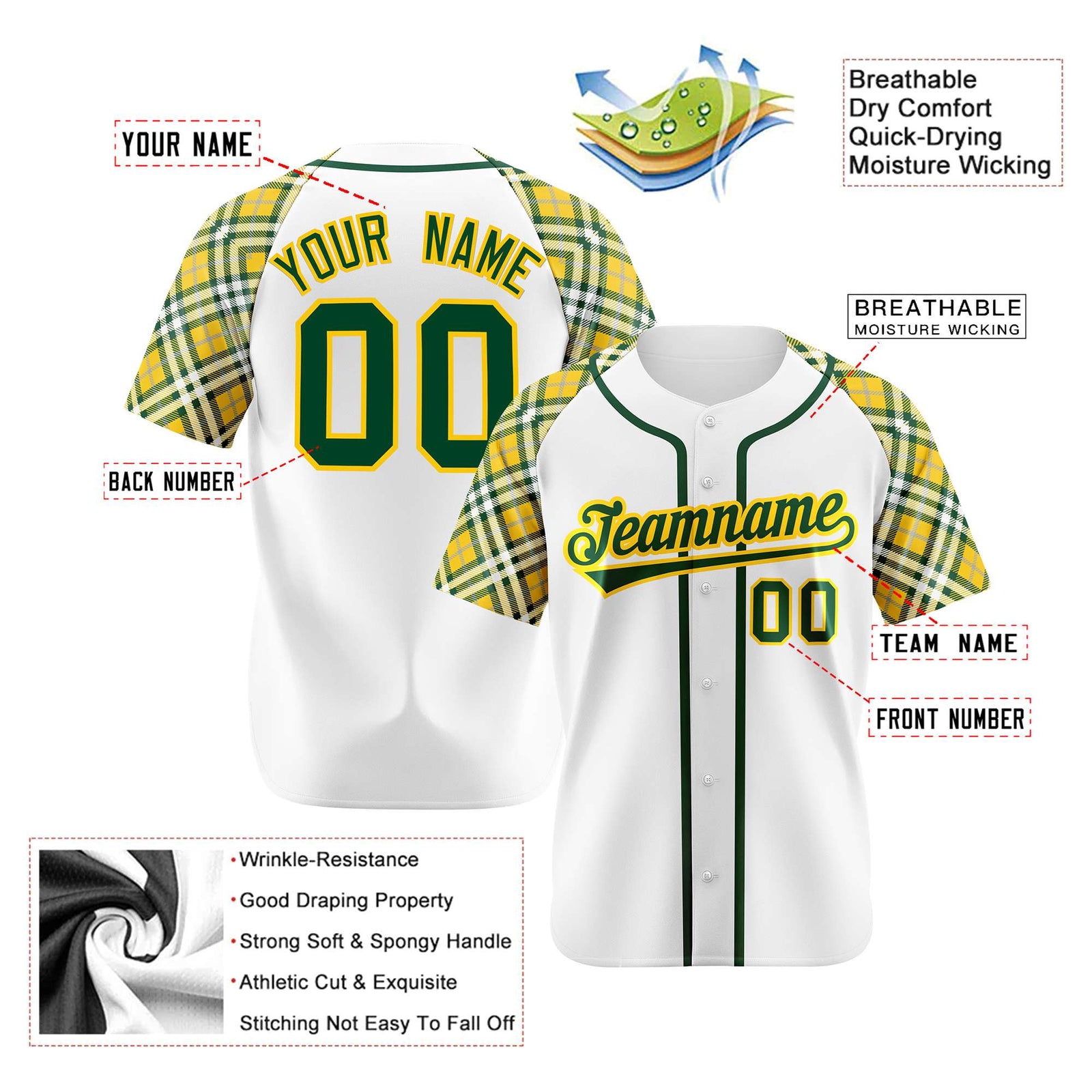 Custom White Yellow-Green Authentic Plaid sleeve Baseball Jersey