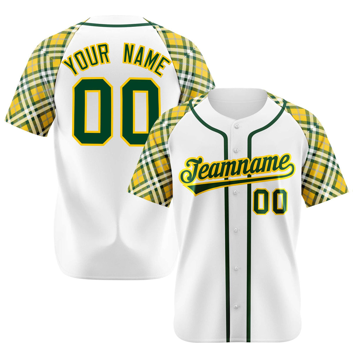 Custom White Yellow-Green Authentic Plaid sleeve Baseball Jersey