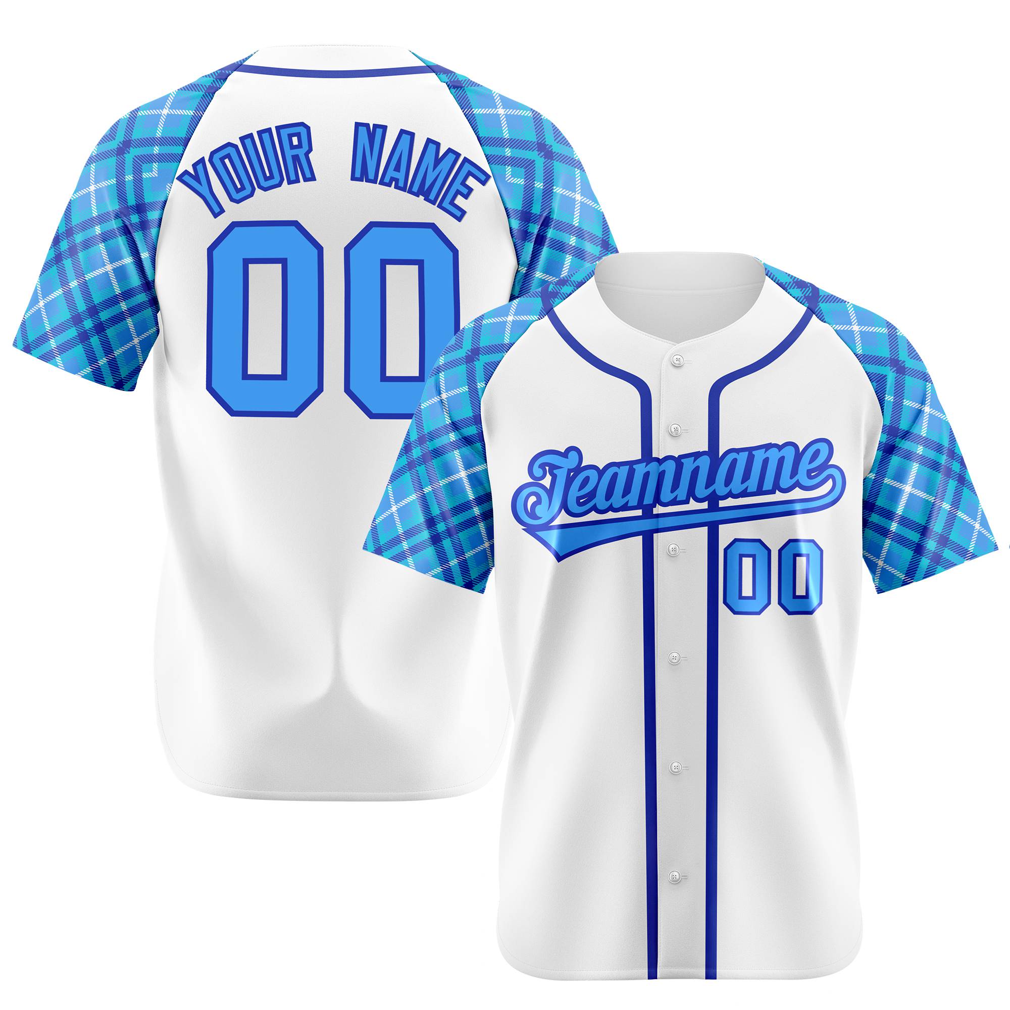Custom White Purple-Blue Authentic Plaid sleeve Baseball Jersey