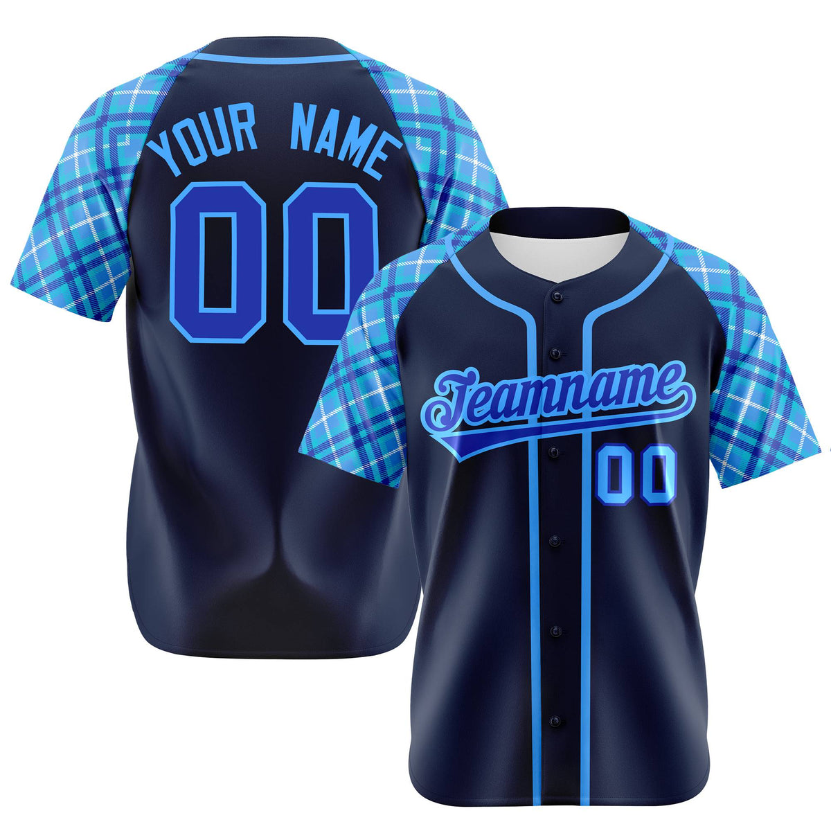 Custom Navy Purple-Blue Authentic Plaid sleeve Baseball Jersey