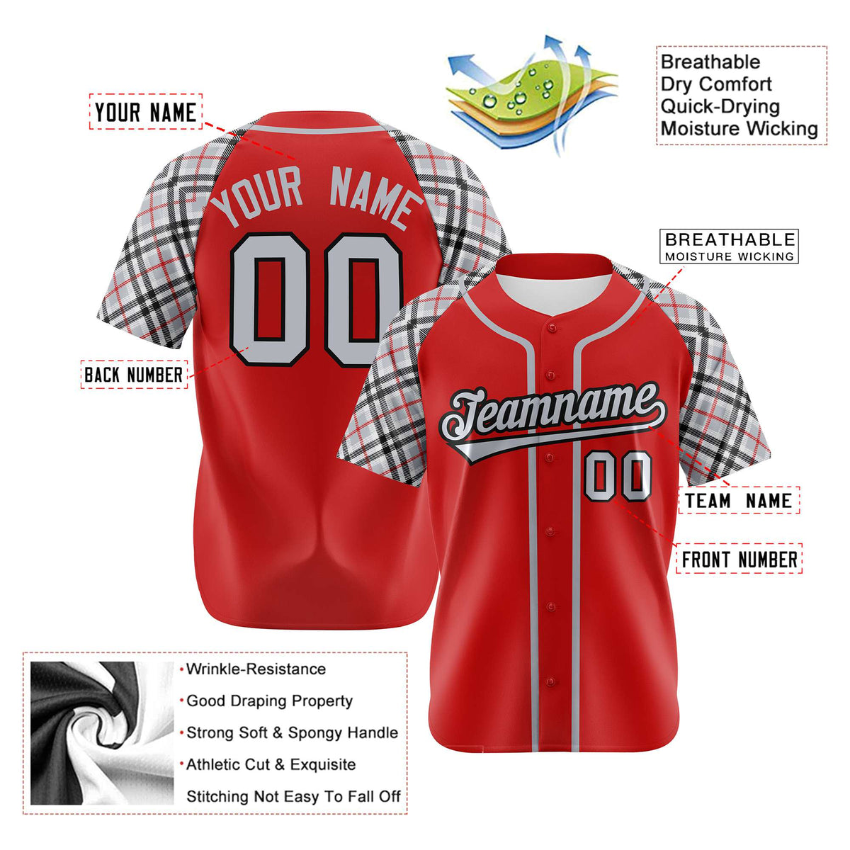 Custom Red Gray-Black Authentic Plaid sleeve Baseball Jersey