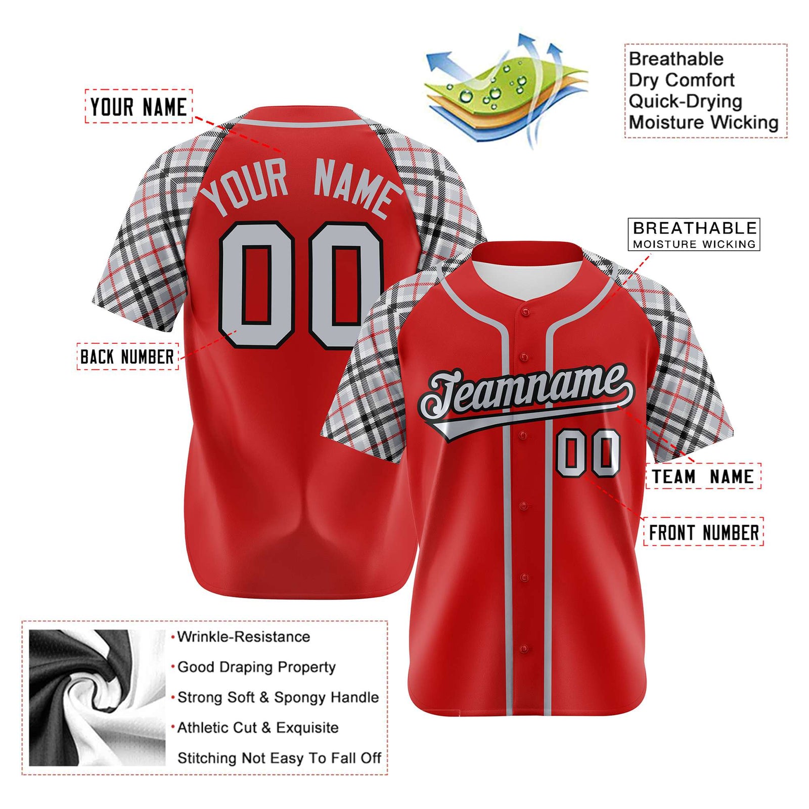 Custom Red Gray-Black Authentic Plaid sleeve Baseball Jersey