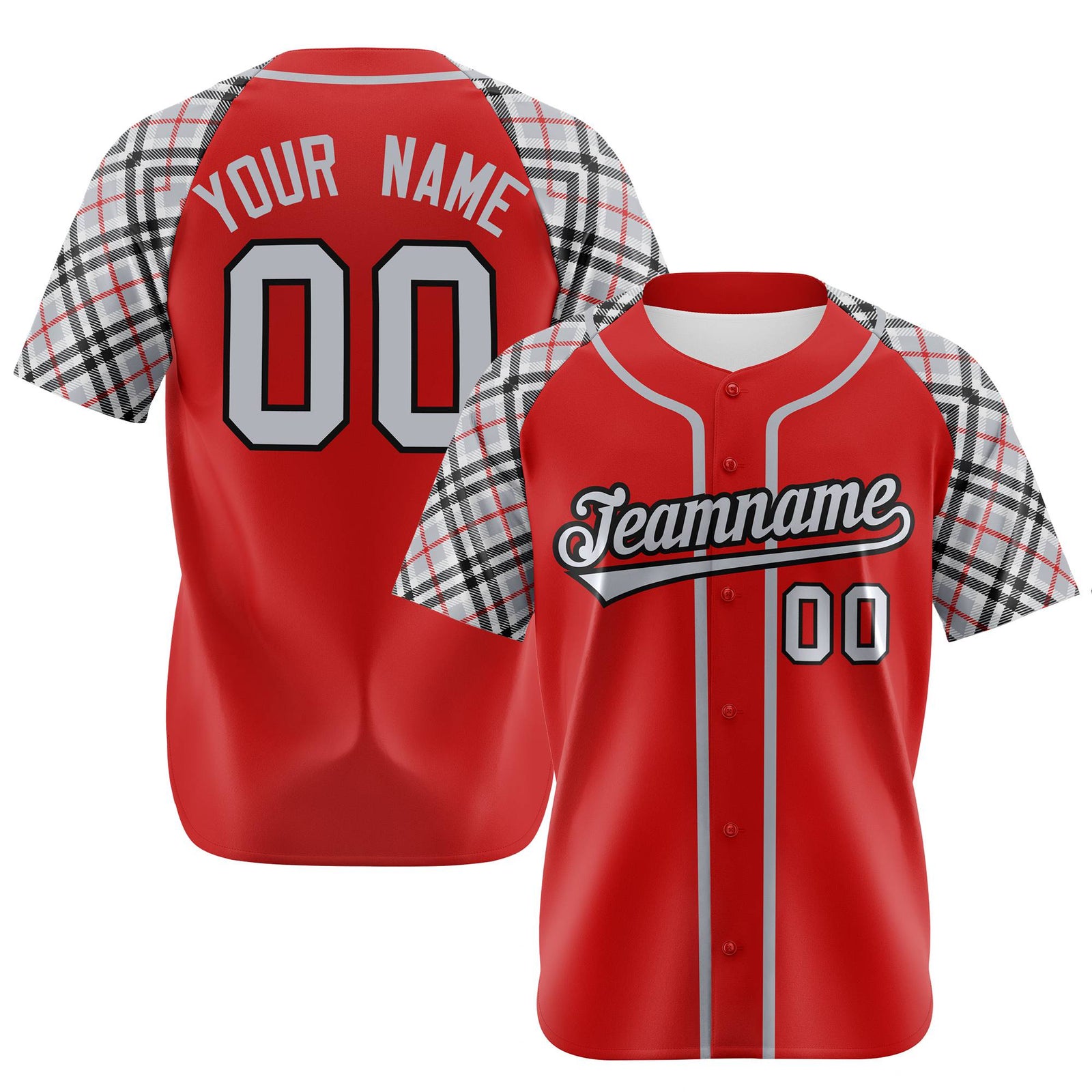 Custom Red Gray-Black Authentic Plaid sleeve Baseball Jersey