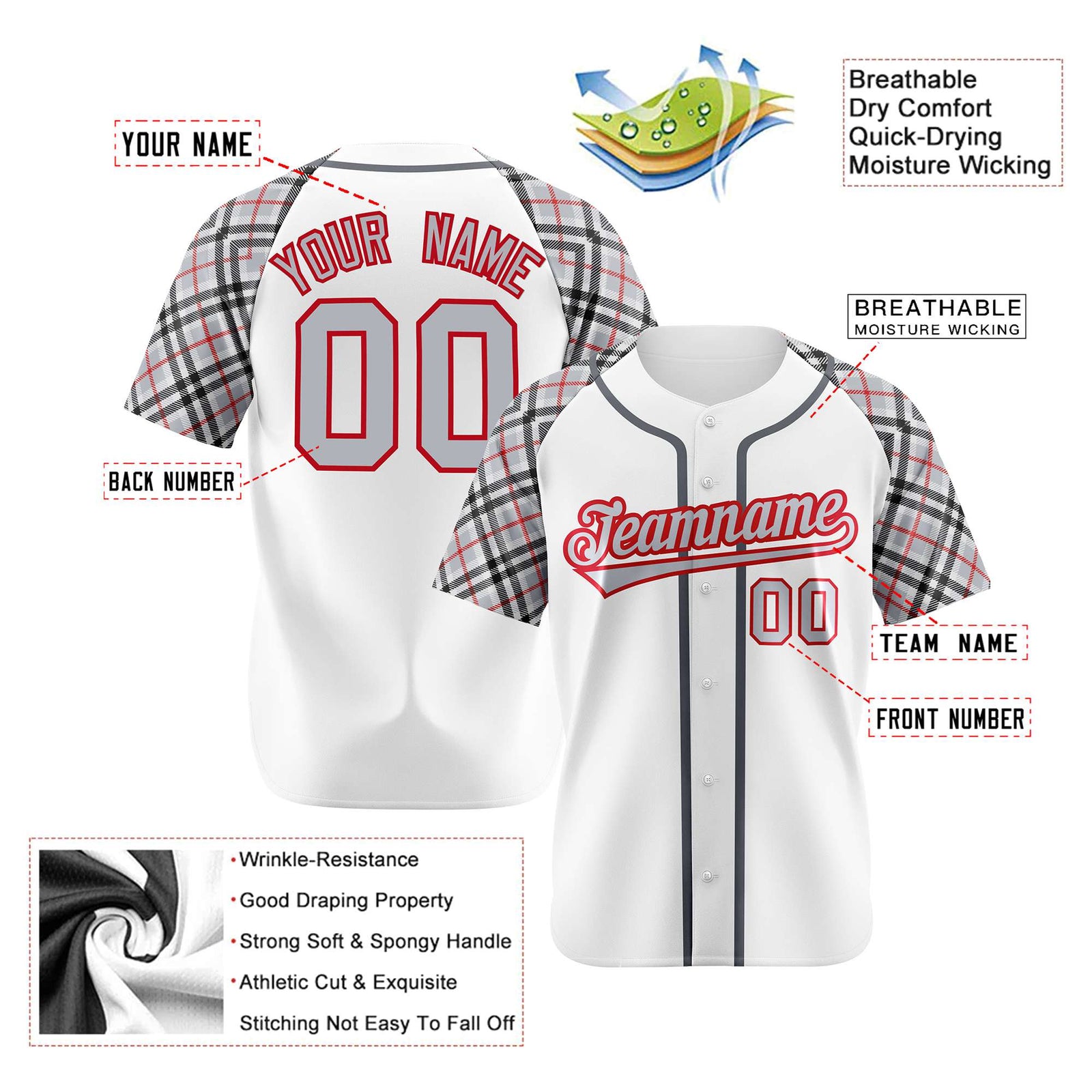 Custom White Gray-Red Black Authentic Plaid sleeve Baseball Jersey