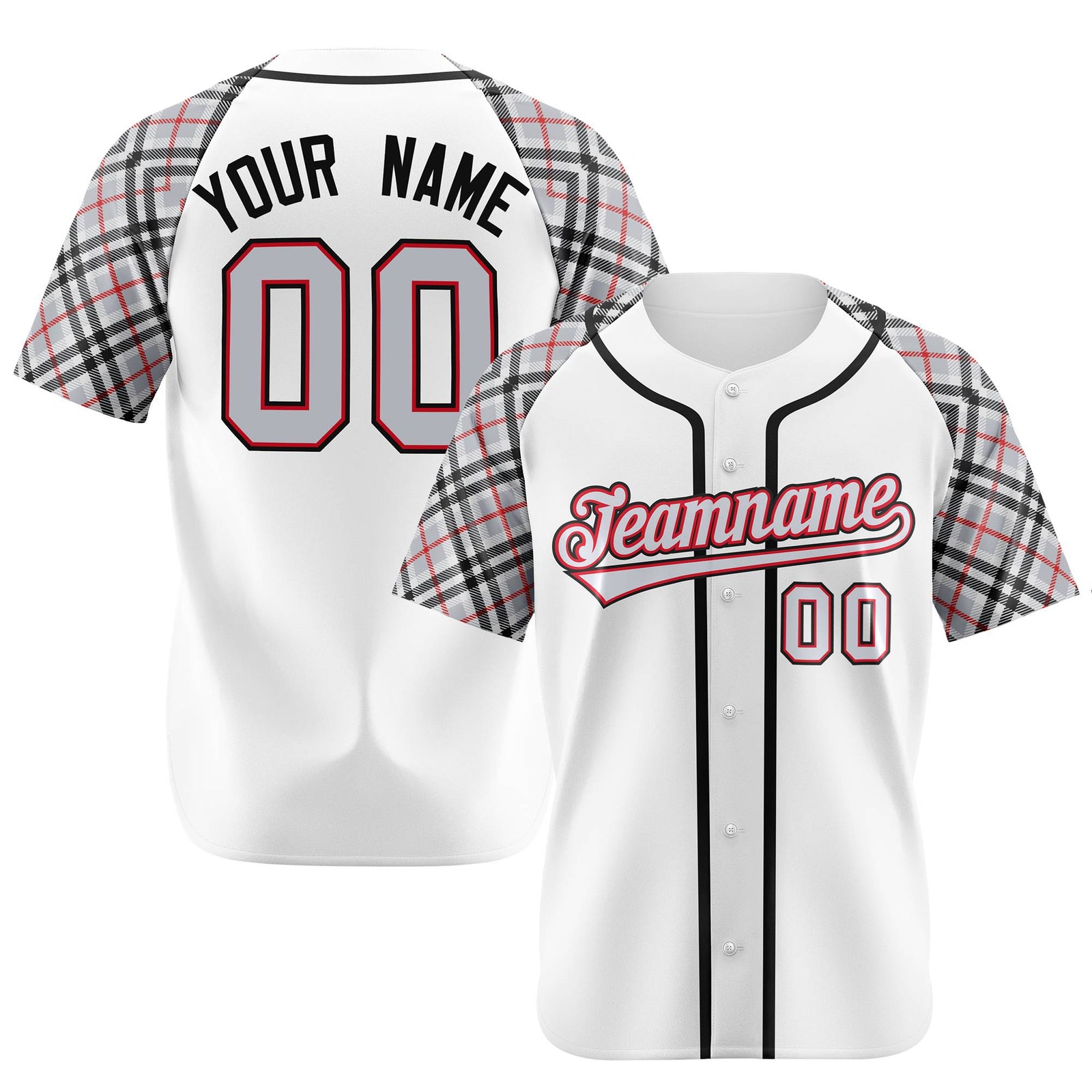 Custom White Gray-Red Black Authentic Plaid sleeve Baseball Jersey