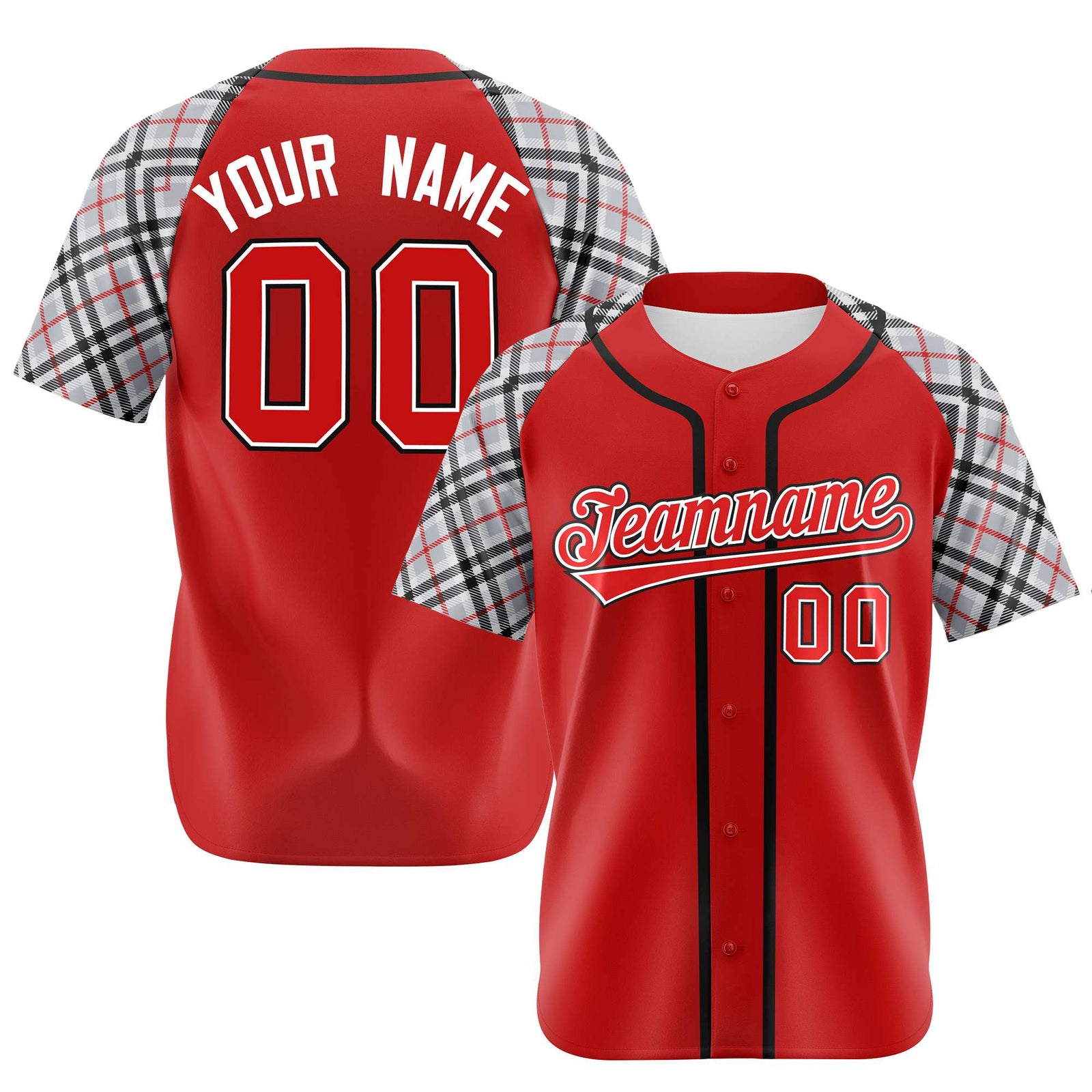 Custom Red Gray-White Black Authentic Plaid sleeve Baseball Jersey