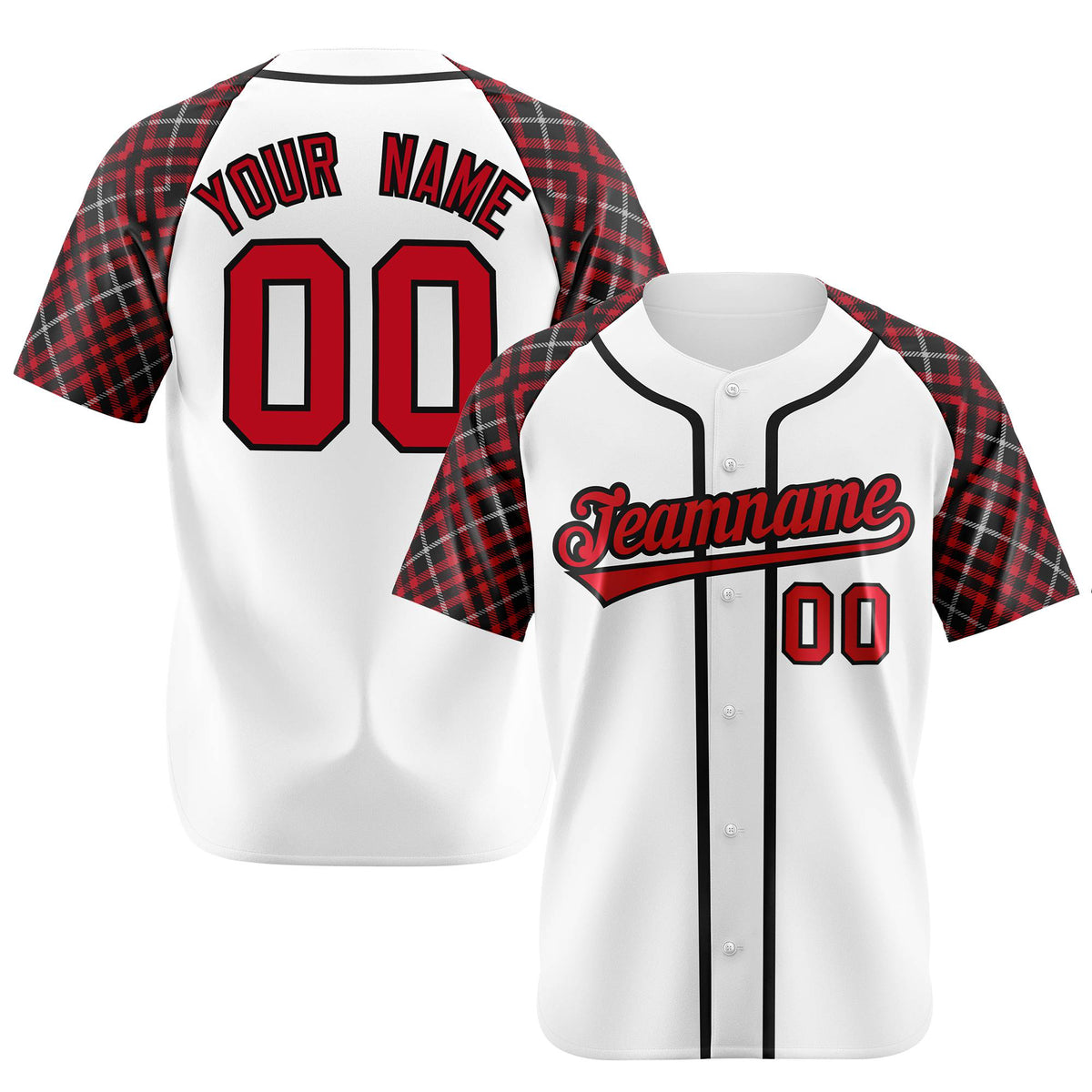 Custom White Crimson-Black Authentic Plaid sleeve Baseball Jersey
